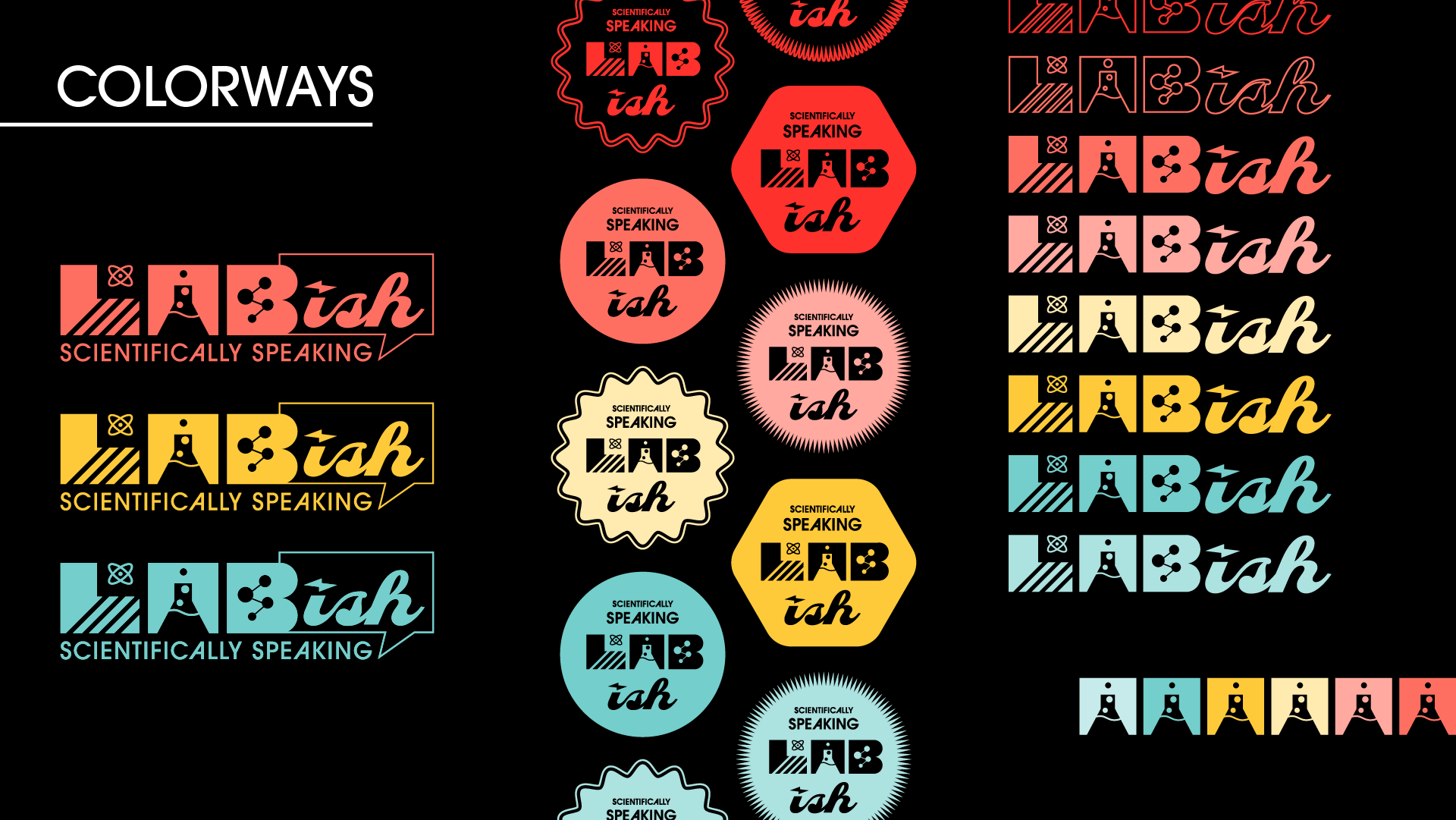 Lab‑ish colorways displayed in a repeat‑style layout using various logo variants.