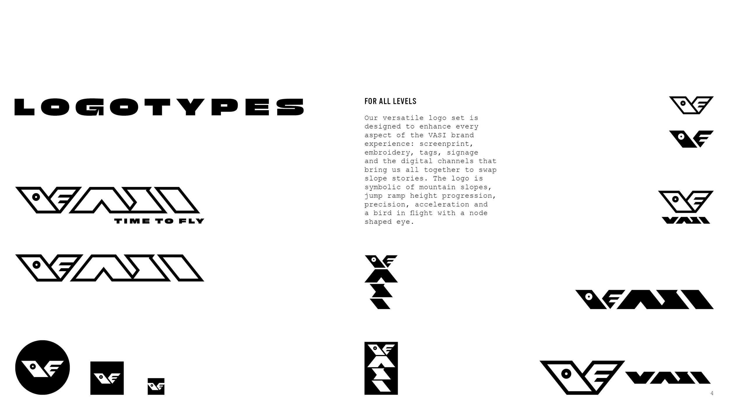 Logotypes page from the VASI brand identity guide, showing the full logo system including primary, secondary, and alternate lockups.