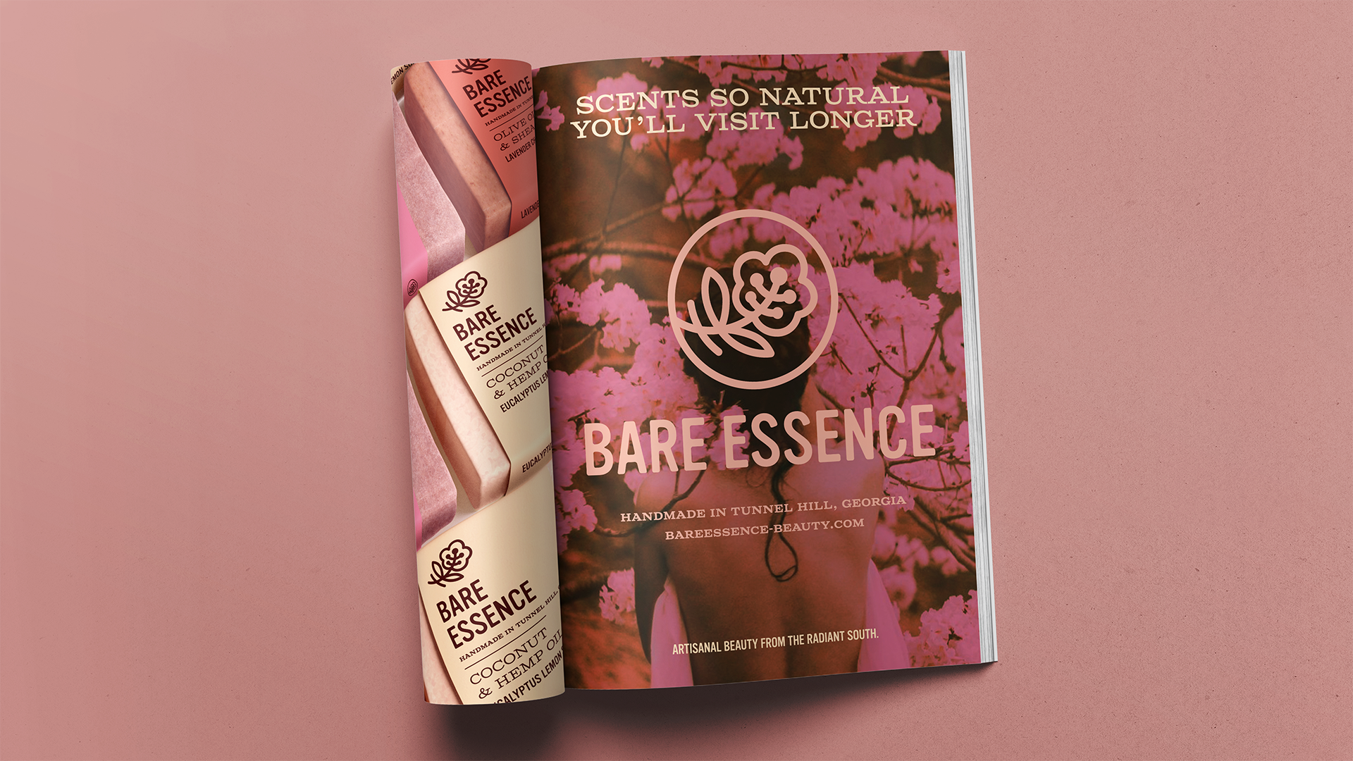 Magazine Ad for Bare Essence featuring a simple tagline suggesting the transportive qualities of the Bare Essence scents and the soap product line is featured on the left.