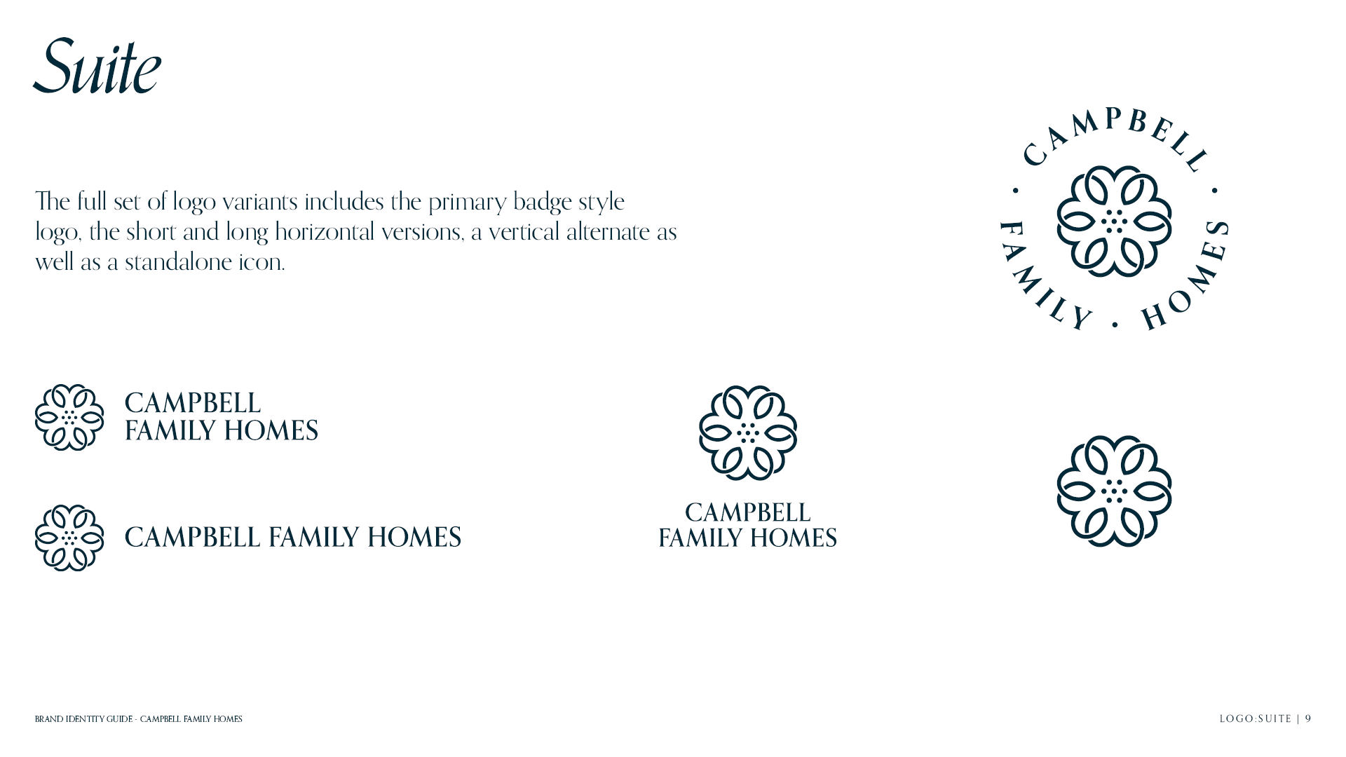 Logo Suite for the brand identity guide for Campbell Family Homes showcasing every version of the logo design for various usage.