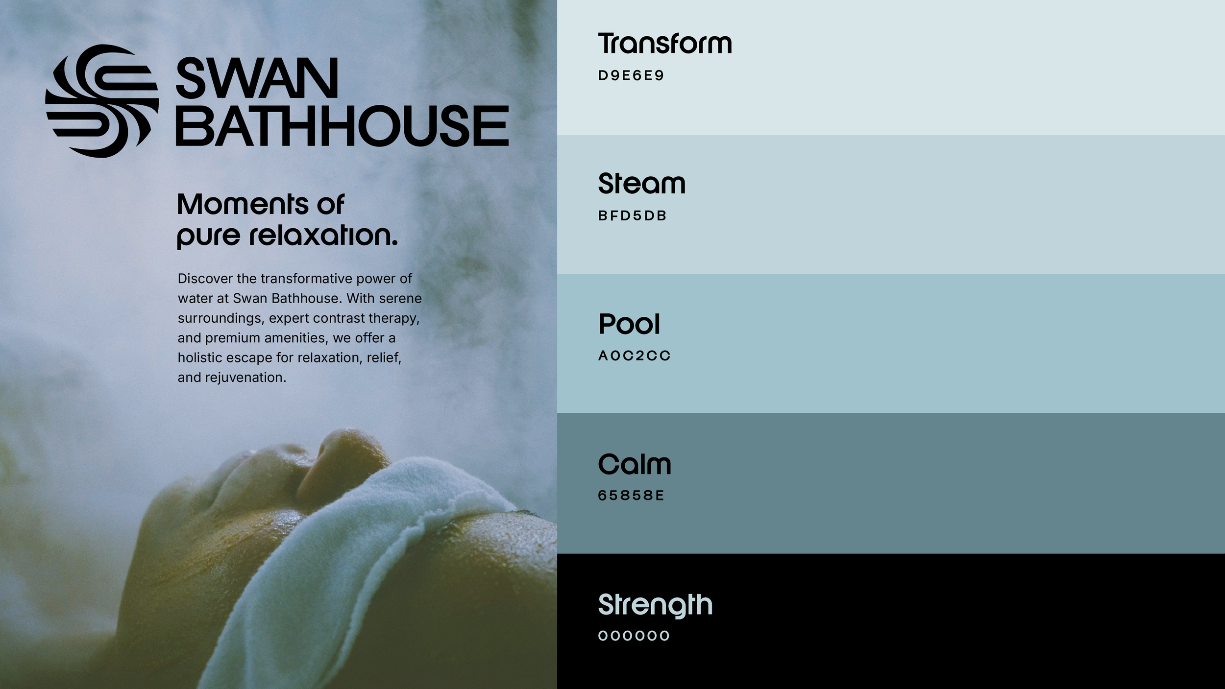 Second Swan Bathhouse advertisement layout with branded messaging displayed next to the color swatches.