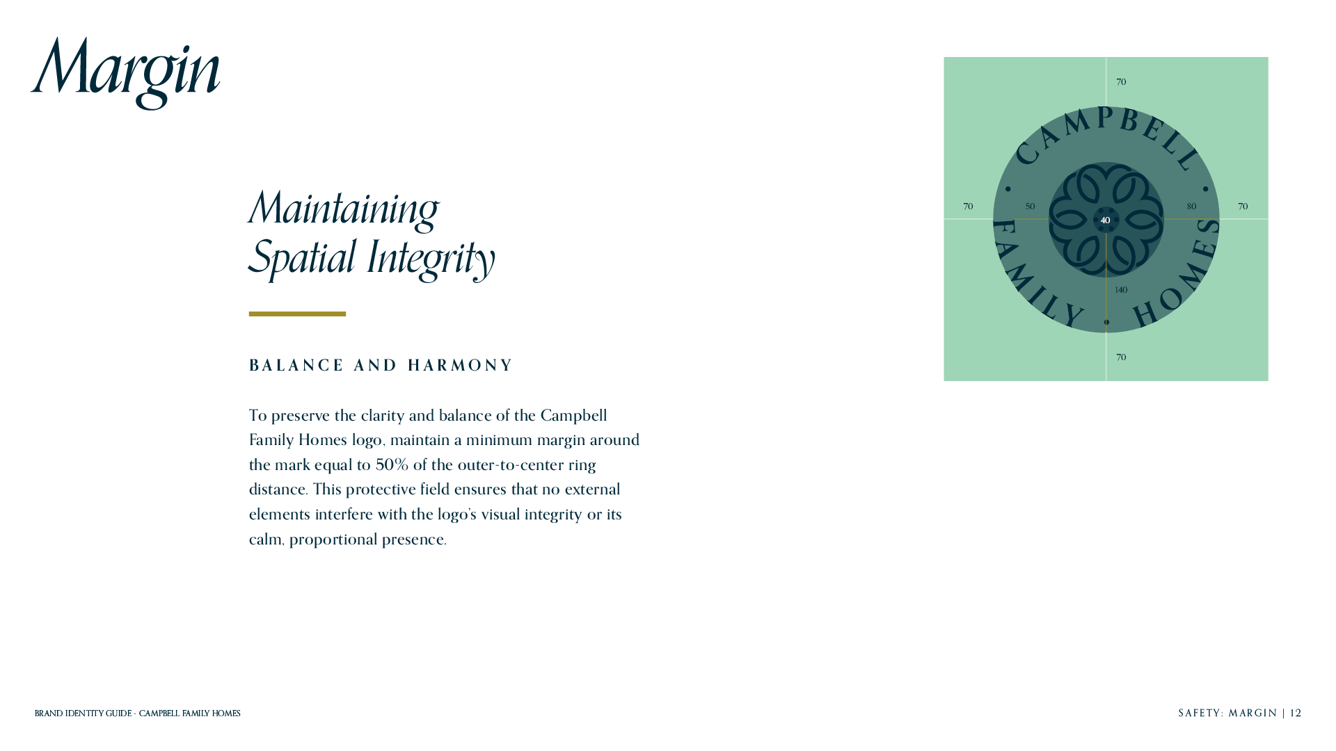 Margin page for the brand identity guide for Campbell Family Homes featuring a numerical diagram and a major rule for the logo margin.