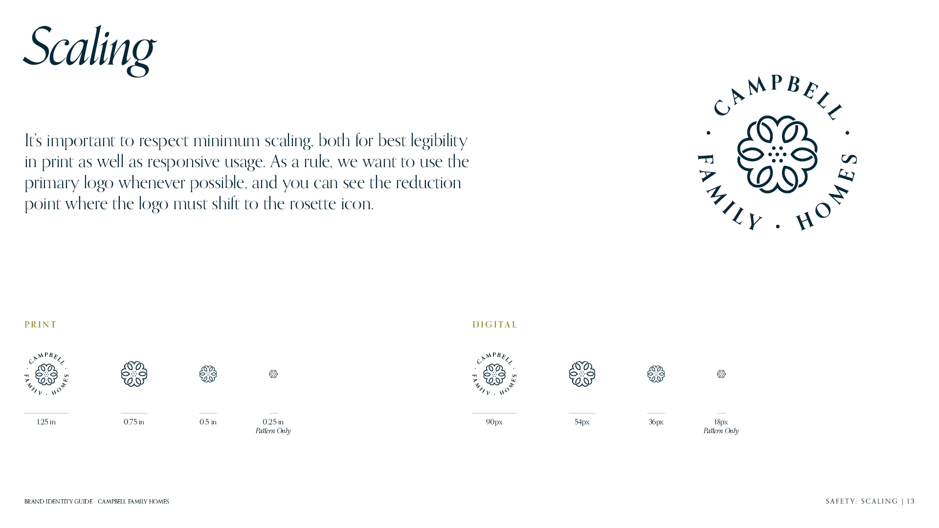 Scaling guide page for the brand identity guide for Campbell Family Homes showing visually the smallest reduction point for the logo.
