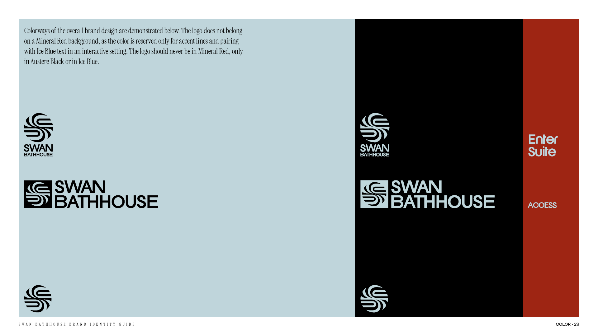 Color page from the Swan Bathhouse brand identity guide with the allowable colorways on display.