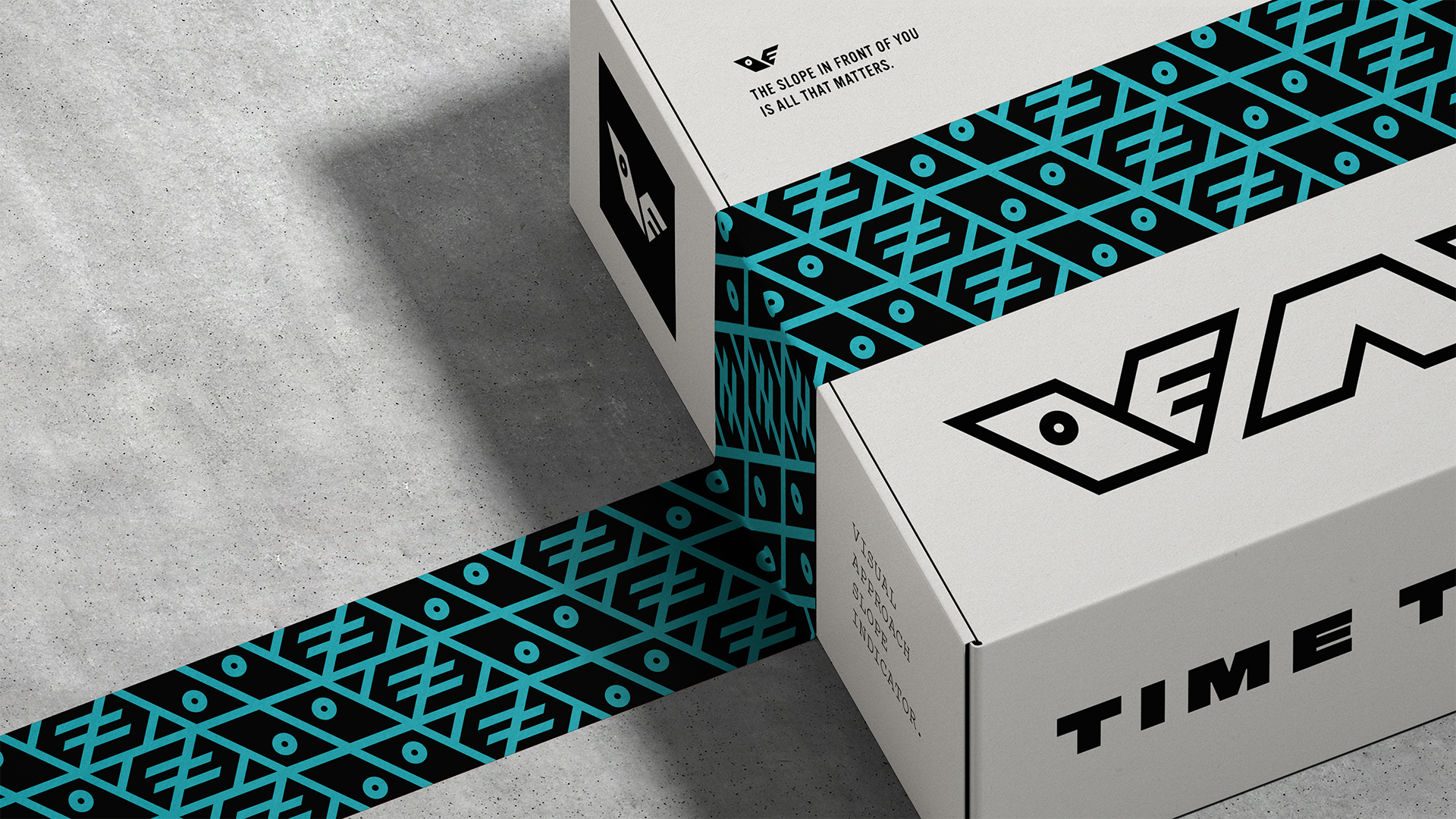 Packaging concept for the VASI brand identity, showing a box and tape design with the tagline, inspirational wording, the brand acronym meaning, and various logo variants.