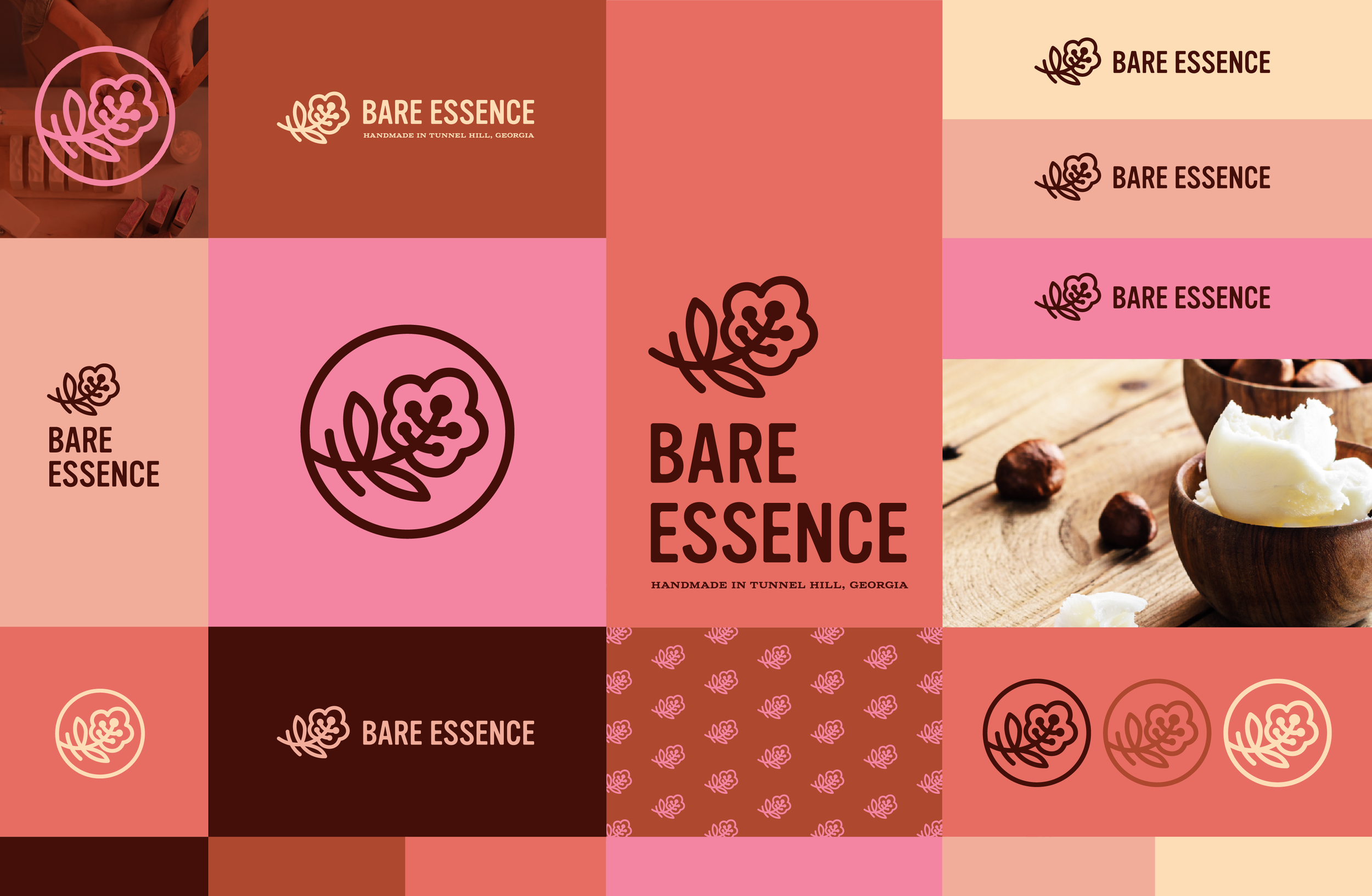 Brand identity board for Bare Essence featuring warm color swatches, logo variations, and contextual images that express the brand’s visual style.