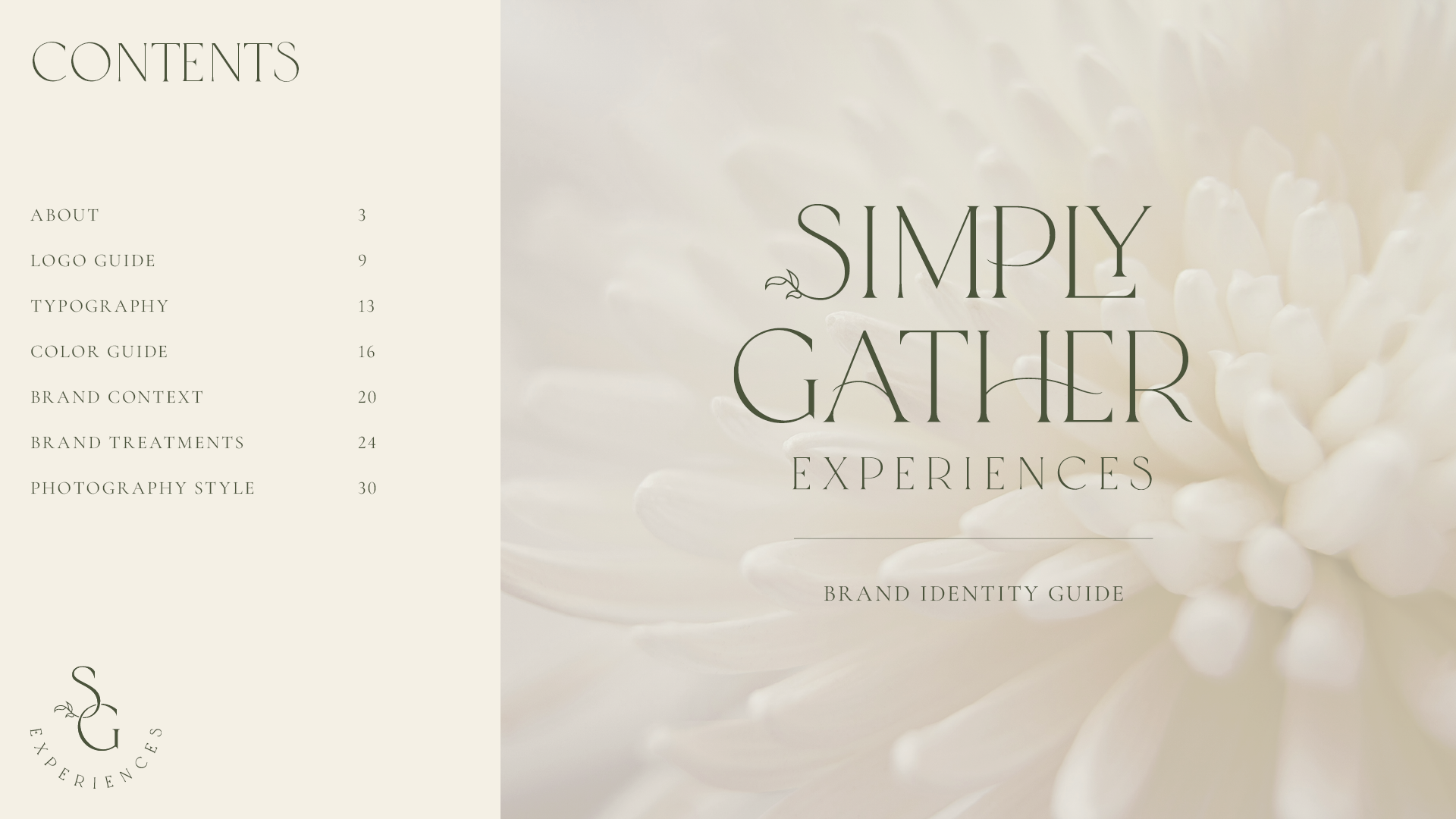 Table of Contents page for the Simply Gather Experiences brand identity guide with seven listed sections, the monogram logo in the bottom left, and the primary logo over a soft white close‑up flower image.