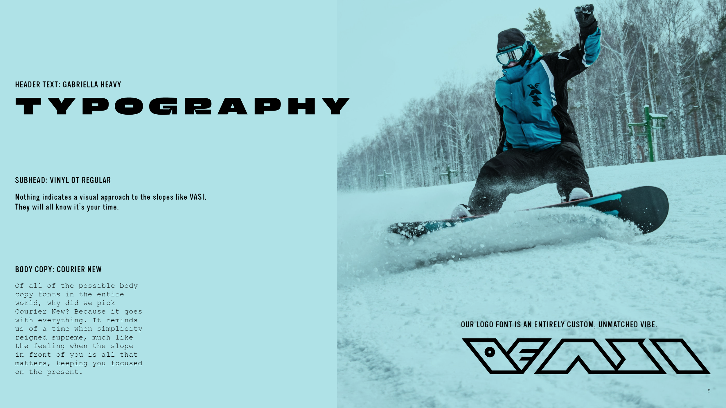 Typography page from the VASI brand identity guide, showing header, subhead, and body copy styles with a brief rationale for the body font, alongside a photo of a snowboarder carving through the snow in VASI gear.