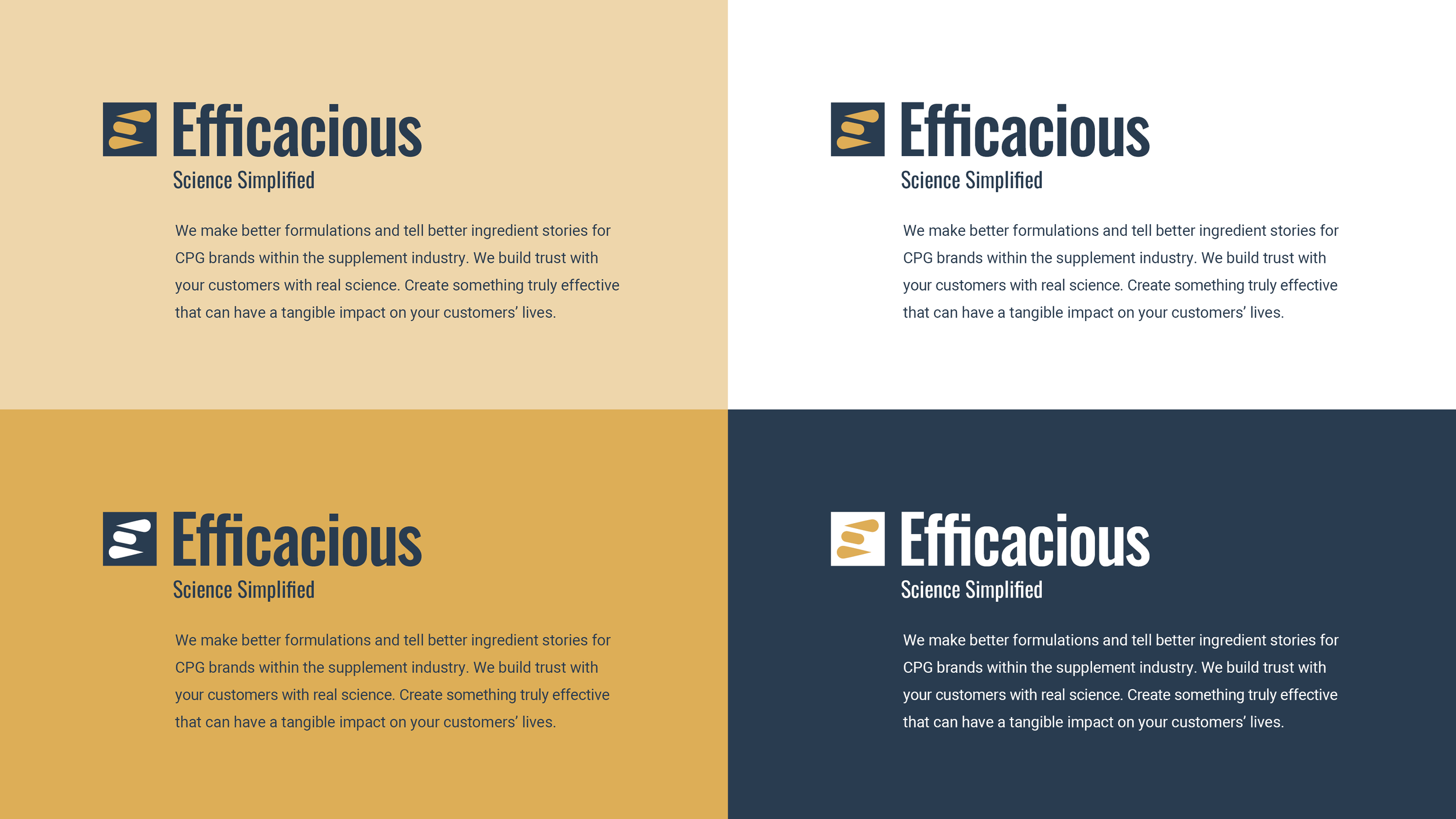 Four Efficacious colorway combinations showing recommended pairings for text and logo usage.
