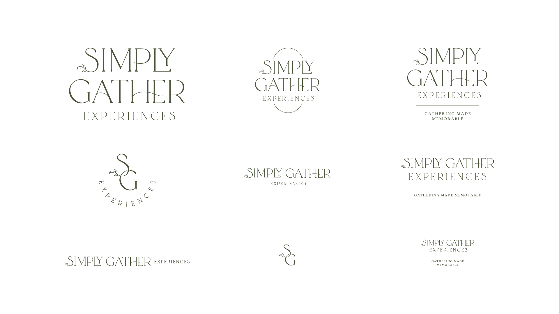 Full logo suite for Simply Gather Experiences displayed in the brand identity guide with nine variants: primary, secondary, monogram versions 1 and 2, horizontal versions 1 and 2, and three lockup configurations.