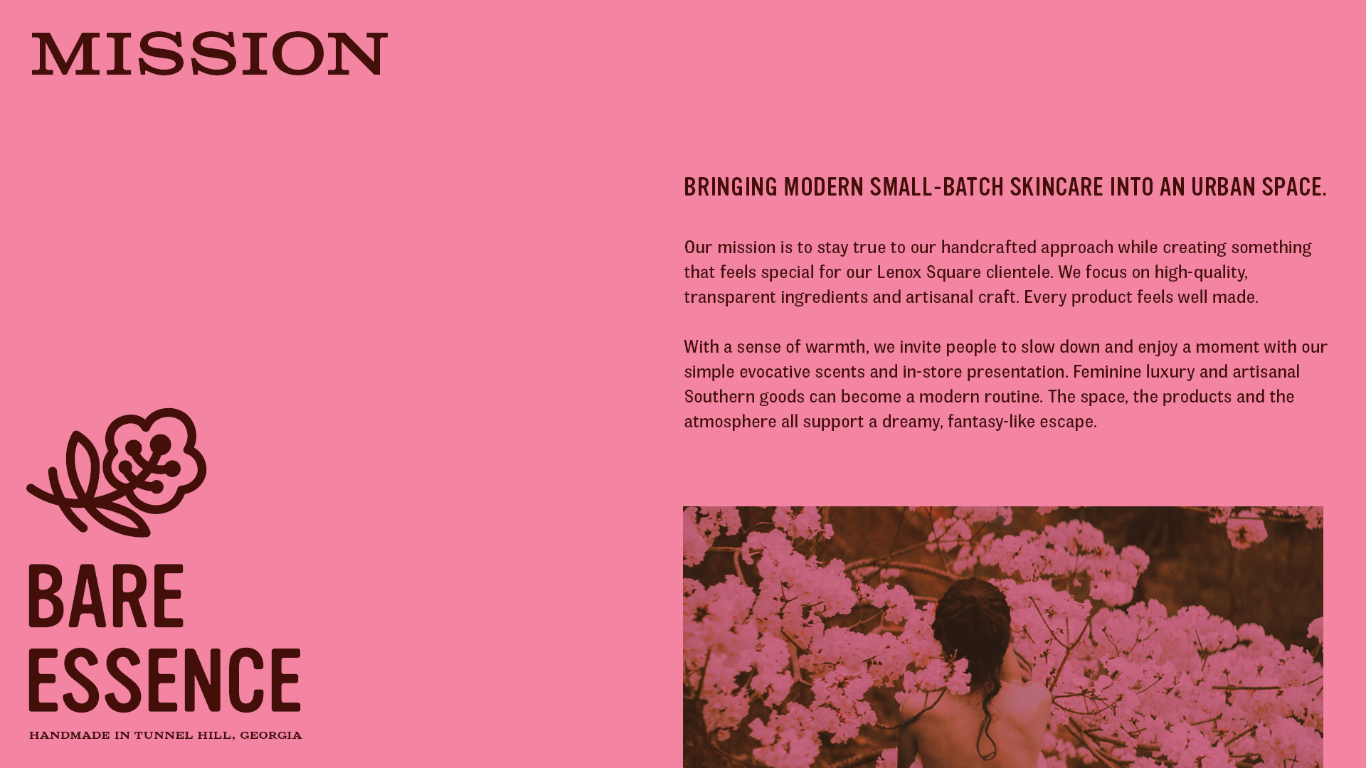 Mission page for Bare Essence featuring a pink background and a photo of a woman facing a flowering tree.