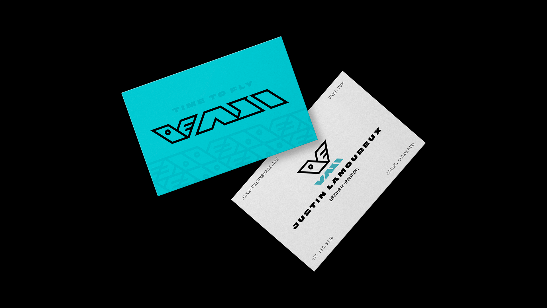 VASI business card design with turquoise, black and white design with a simply airy layout design.