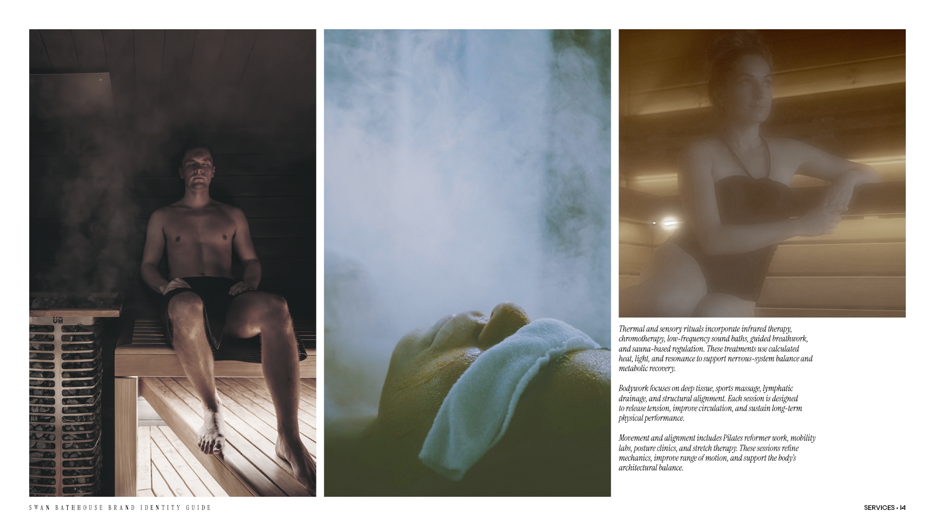Service page from the Swan Bathhouse brand identity guide with layout and captions about the sauna, steam room and a woman with upright posture.
