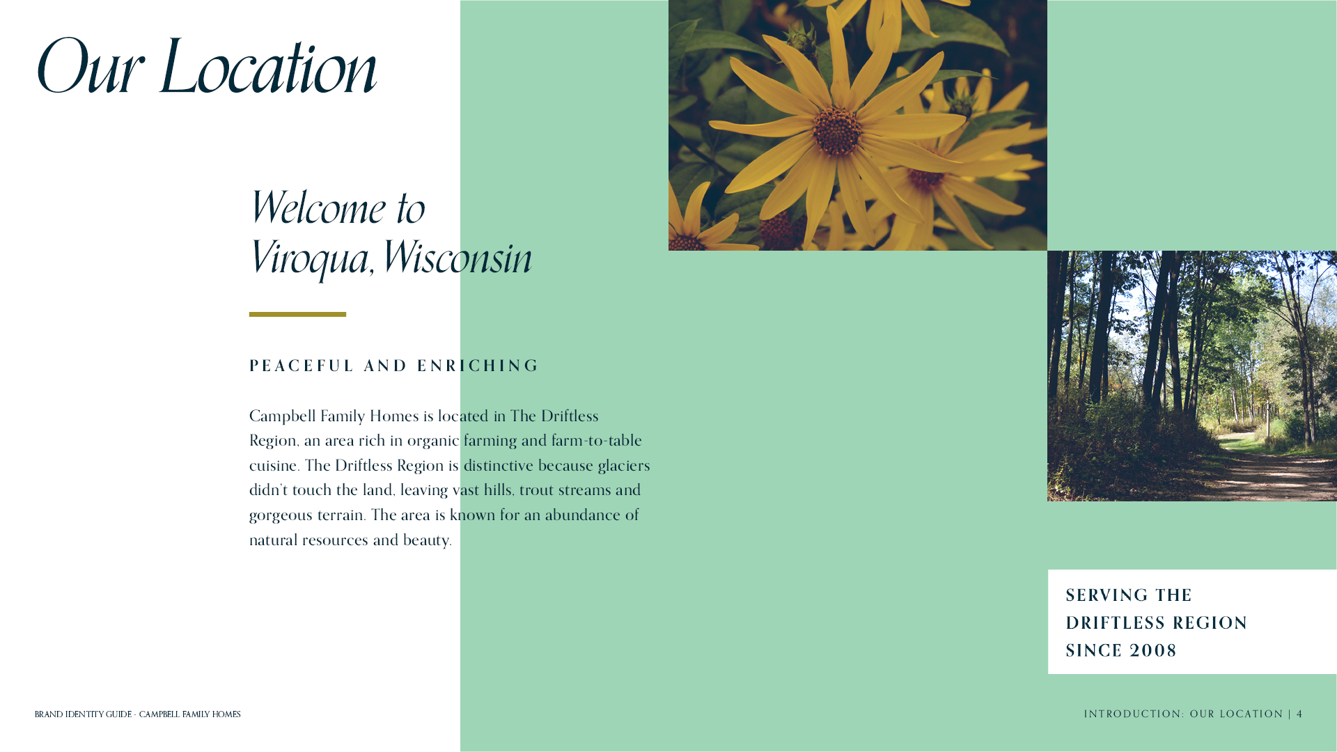 Location page for the brand identity guide for Campbell Family Homes featuring a description about Viroqua, Wisconsin.