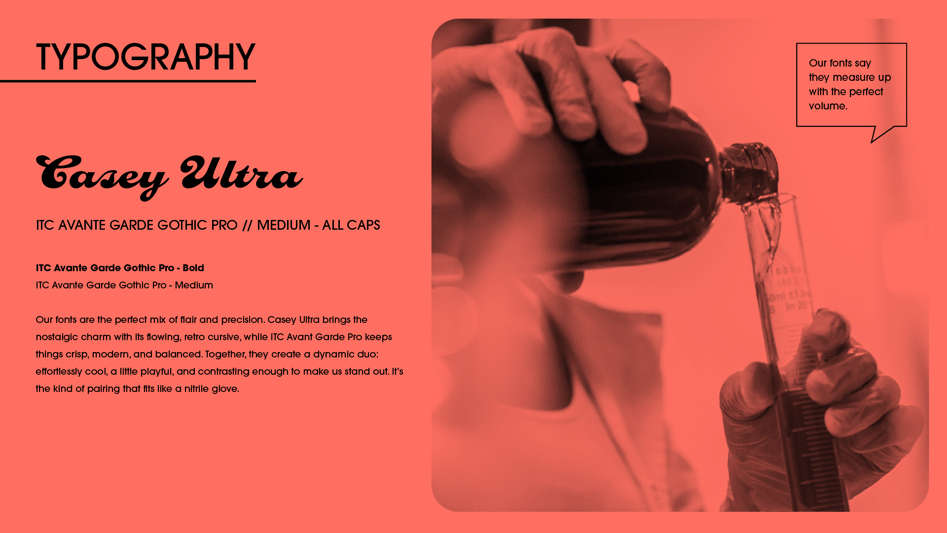 Lab‑ish typography page showing font rationale and recommended proportions alongside a closeup photo of hands pouring a chemical into a beaker.