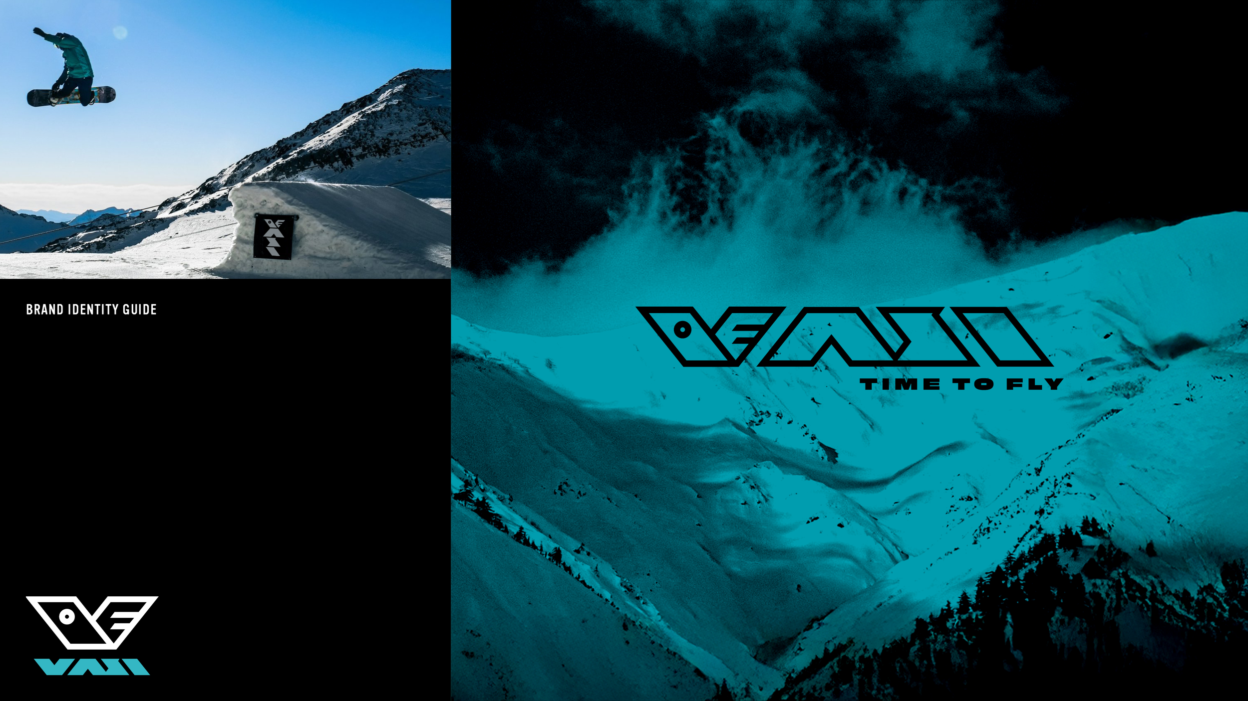 Back cover of the VASI brand identity guide, featuring the logo with tagline and a photo of a snowboarder in mid‑air above a jump banner.