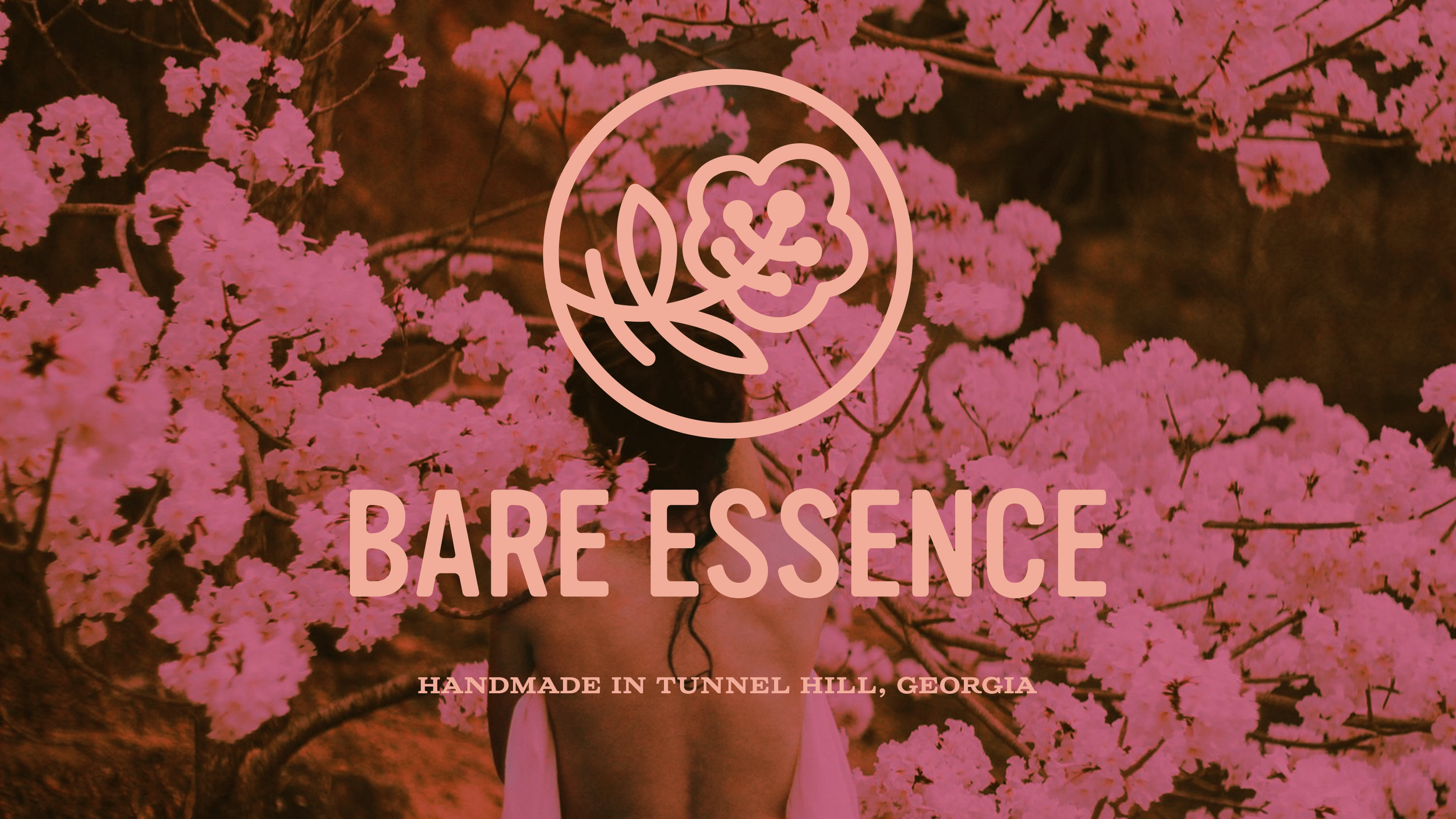 Primary Bare Essence logo and tagline in soft pink line art over a photo of a woman facing a flowering tree.