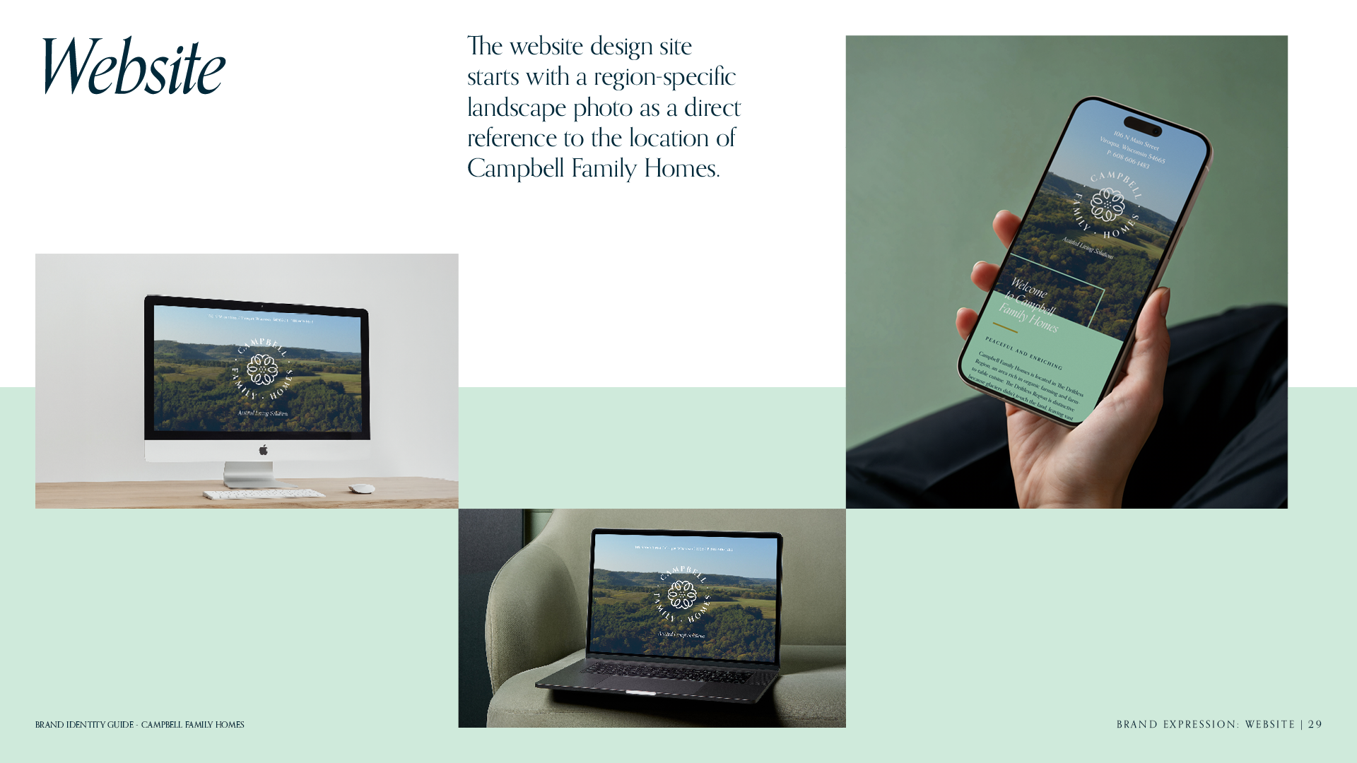 Website page for the brand identity guide for Campbell Family Homes featuring the responsive mockups with the hero image.