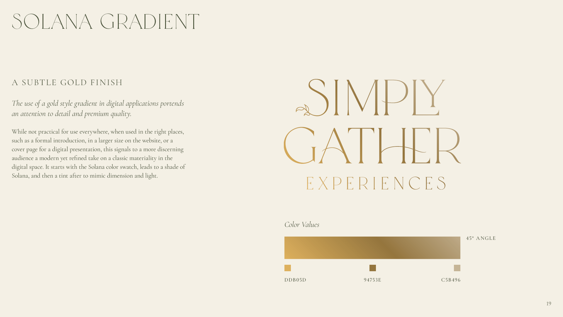 Solana Gradient page from the Simply Gather Experiences brand identity guide showing the gradient applied to the primary logo, defined swatches with angle details, and rationale and usage notes on the left.
