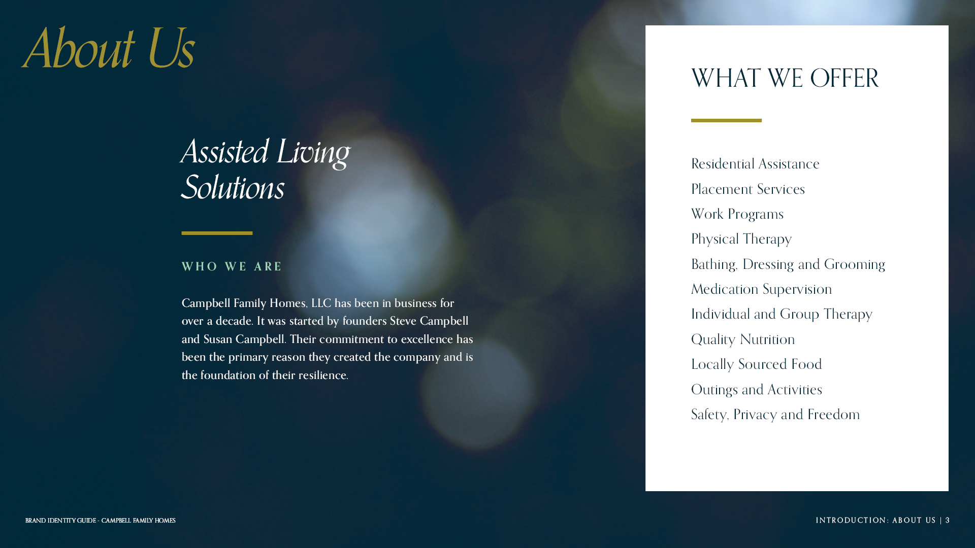 About Us for the brand identity guide for Campbell Family Homes featuring a bokeh texture and a description of who they are and a list of services.