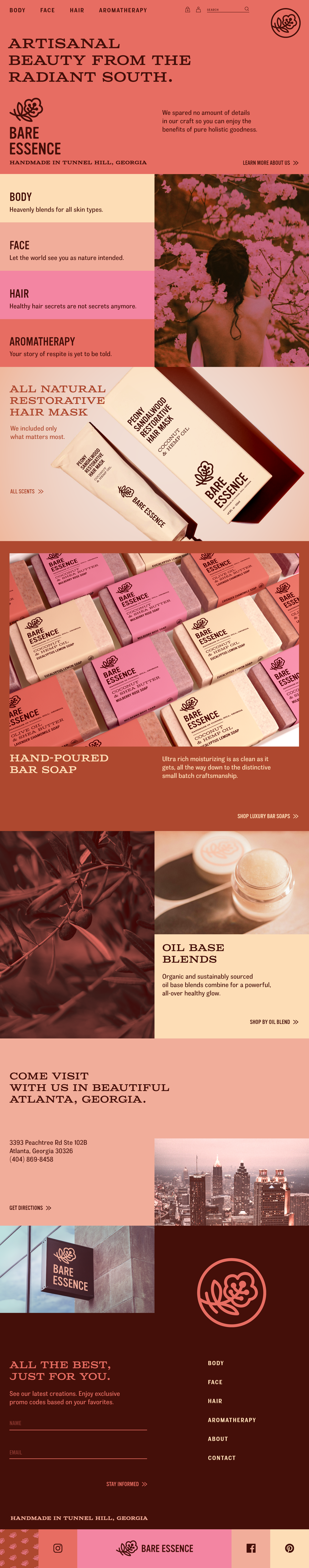 Full homepage layout for Bare Essence showing a tight modular grid with warm colored sections, each featuring clear subheadings and call‑to‑action prompts.