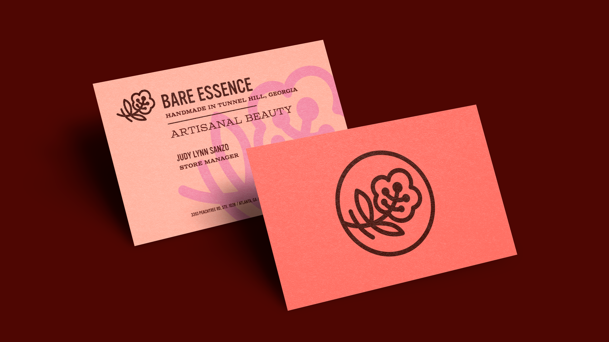 Front and back business card layout in the Bare Essence brand style, using warm colors and a modern grid with the flower logo icon and horizontal logo variant.