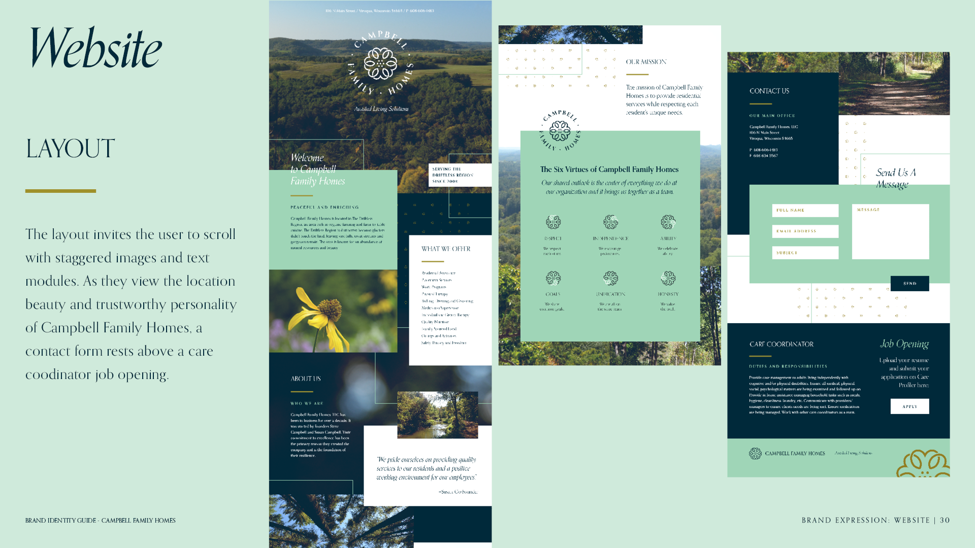 Website page for the brand identity guide for Campbell Family Homes featuring the full layout design of the single page design.