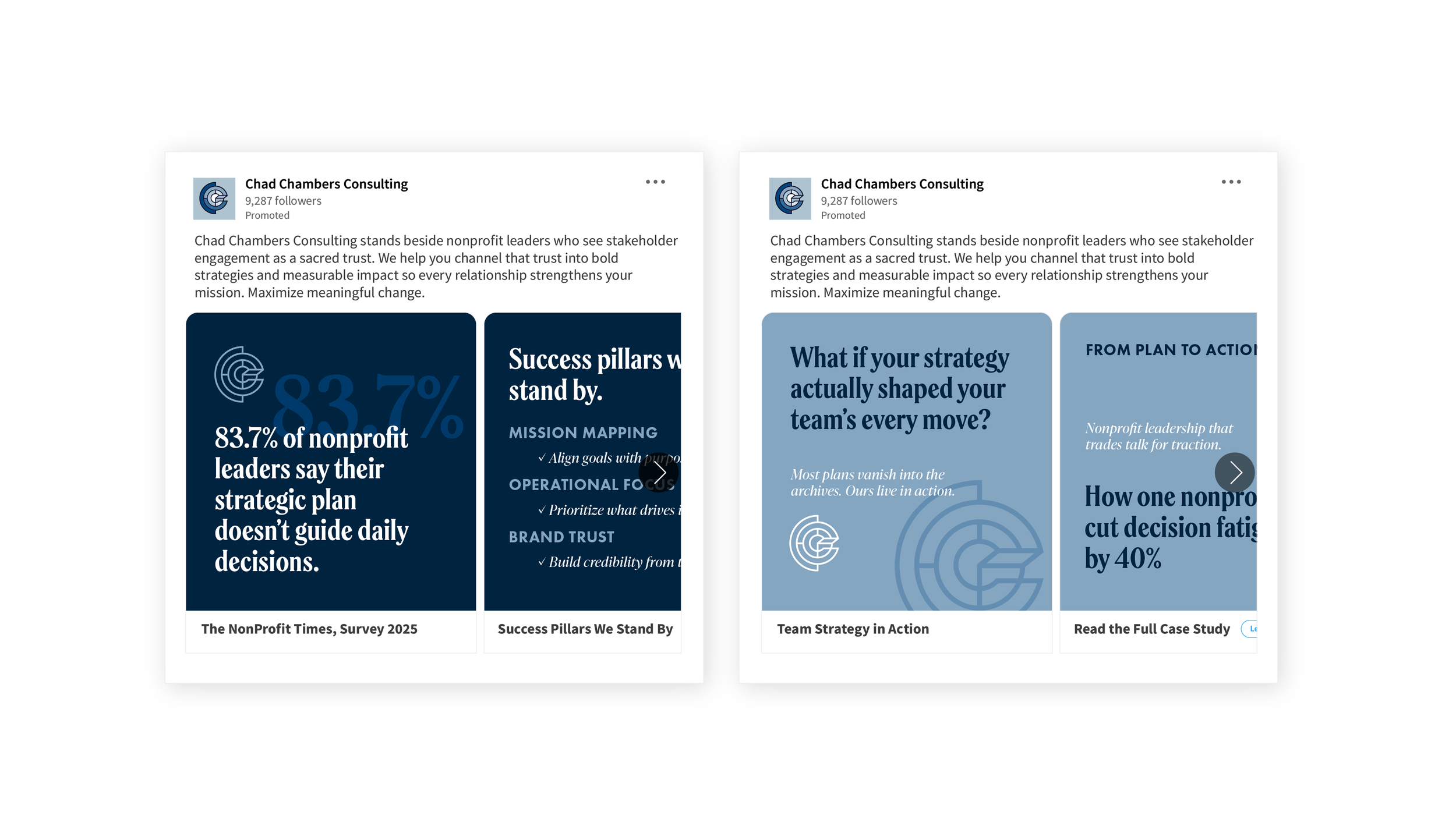 Two LinkedIn carousel ad template designs for Chad Chambers Consulting, created with a minimalist layout and flexible space for varying text volumes.
