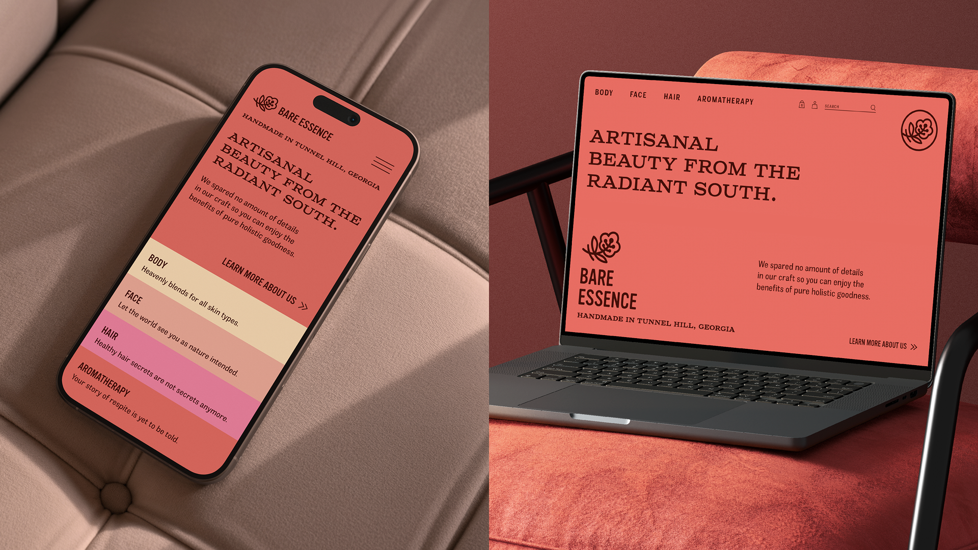 iPhone and laptop mockup at a close view showing the responsive Bare Essence home page, featuring warm complementary colors, targeted messaging, and a clean bold layout.
