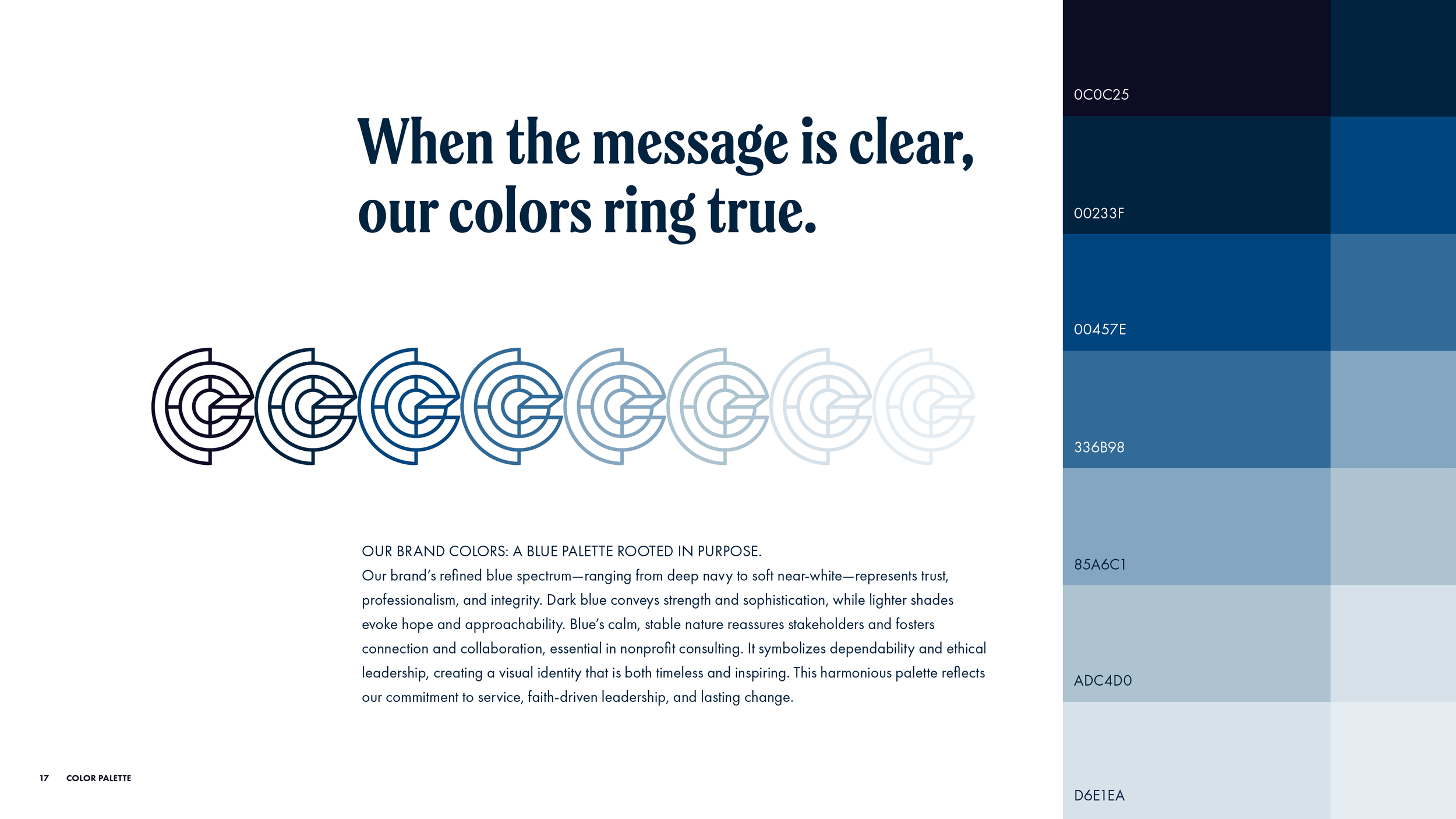 Color palette page from the Chad Chambers Consulting brand identity guide, featuring a monochromatic blue palette in a wide range of tints and shades with rationale for the color choices.