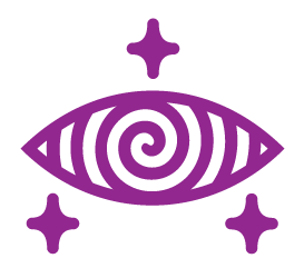 Eye logo icon with a spiral center and three stars.