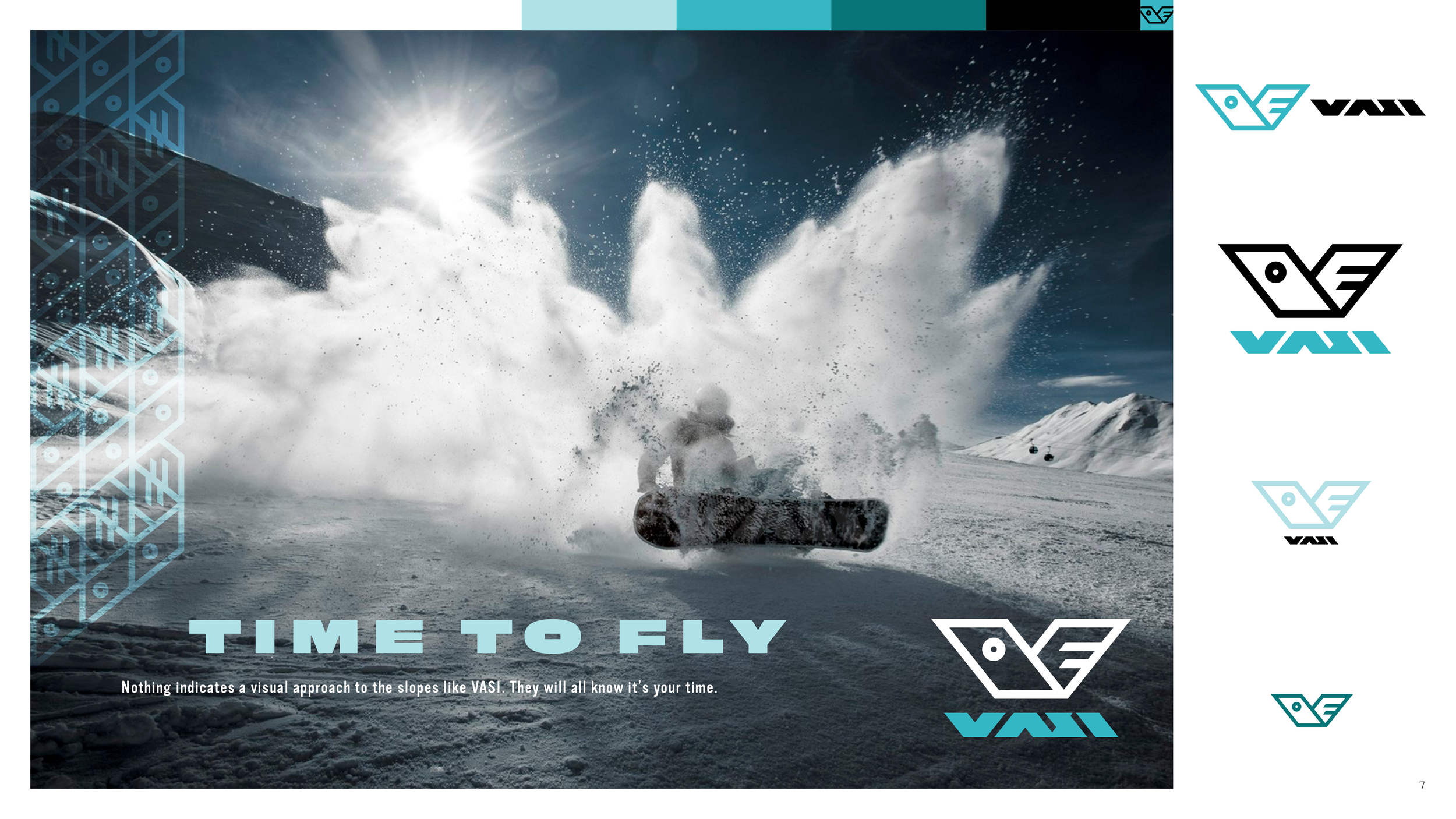 Brand board for the VASI identity system, showing color variations of the logo alongside a sample ad featuring a tagline and a dynamic photo of a snowboarder spraying snow in VASI gear.
