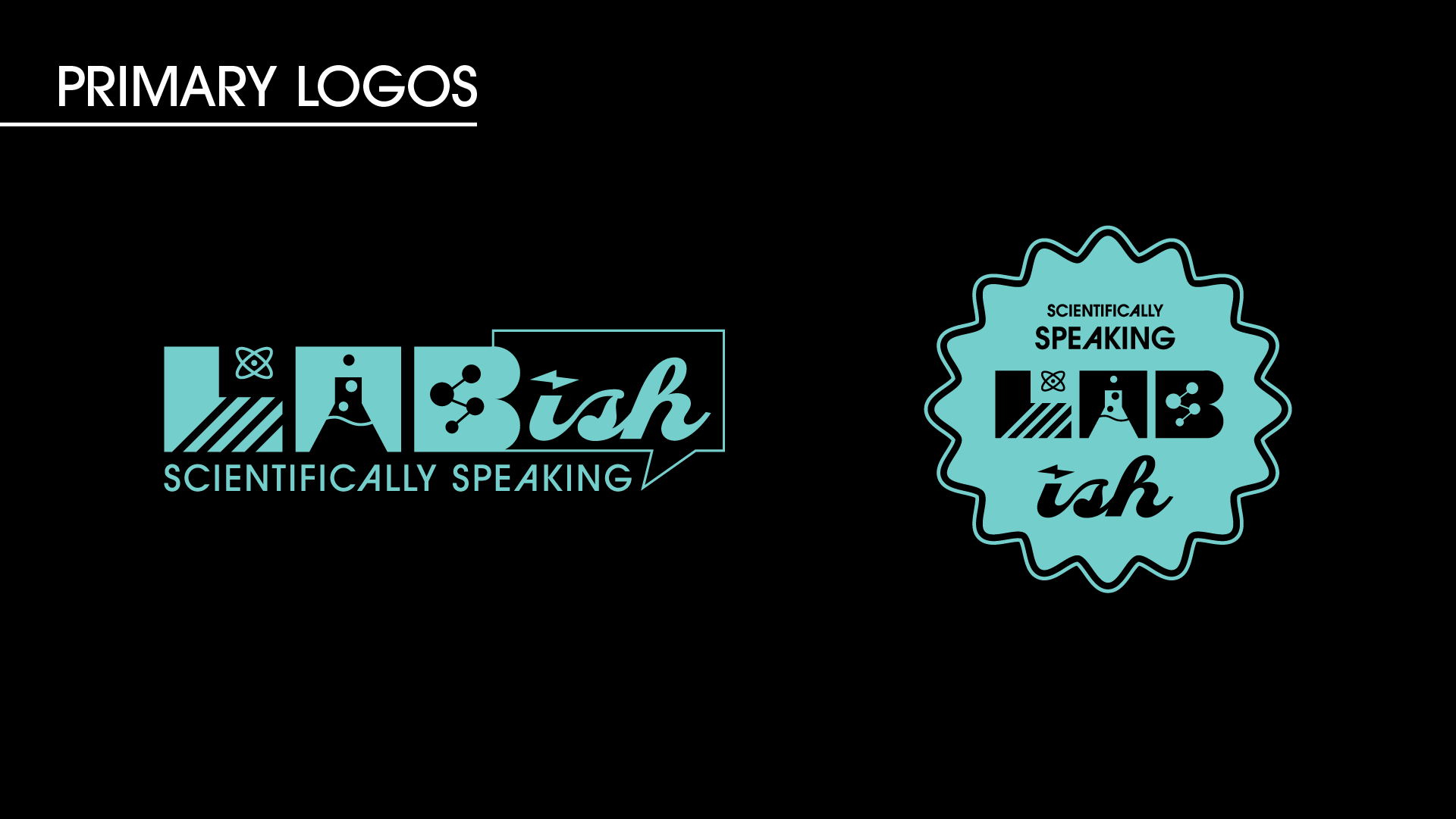 Primary Lab‑ish logos displayed in teal horizontal and badge formats on a black background.