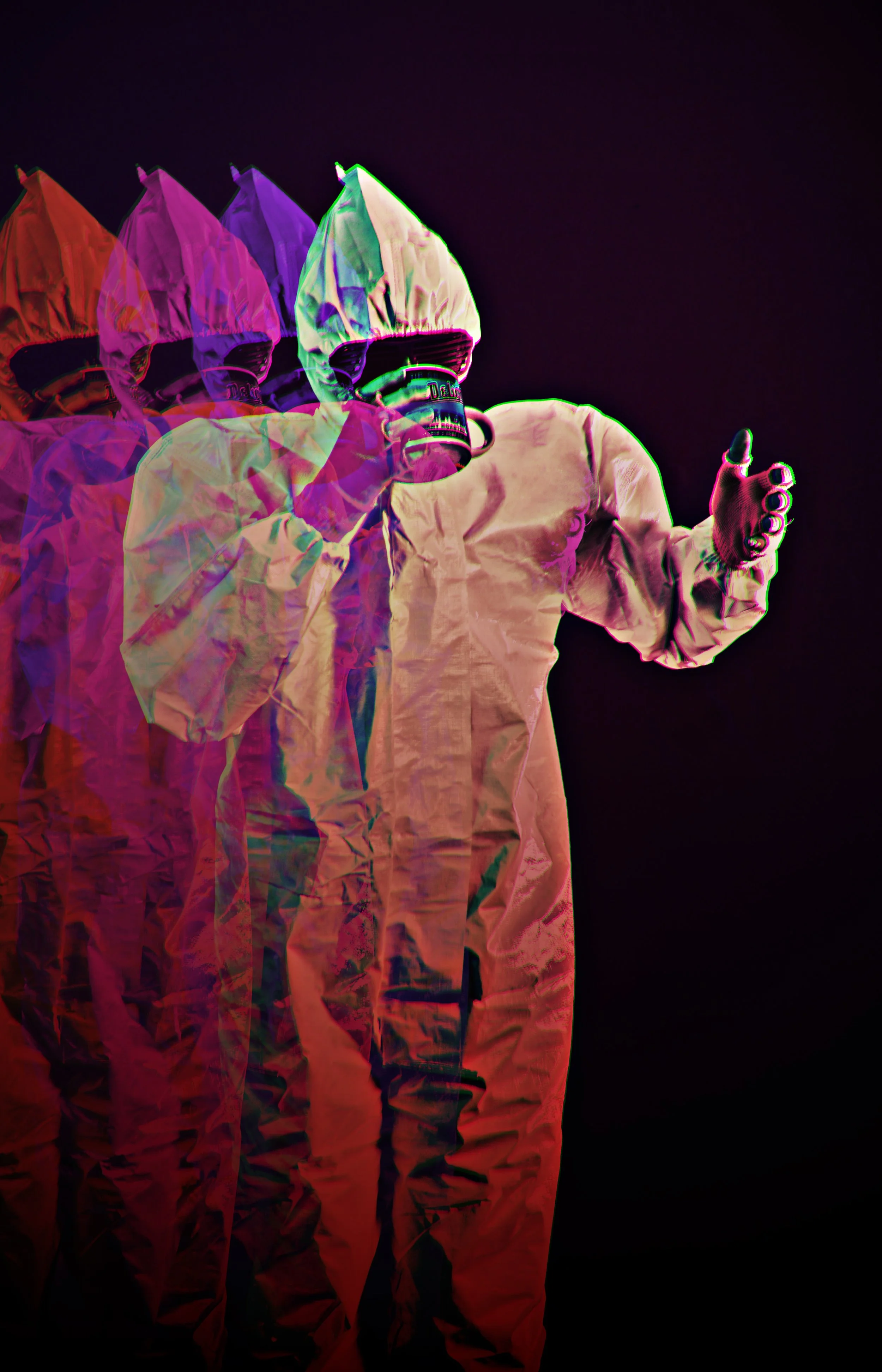 Link to explore the process, a person in a haz mat suit drinking coffee with colorful layers.