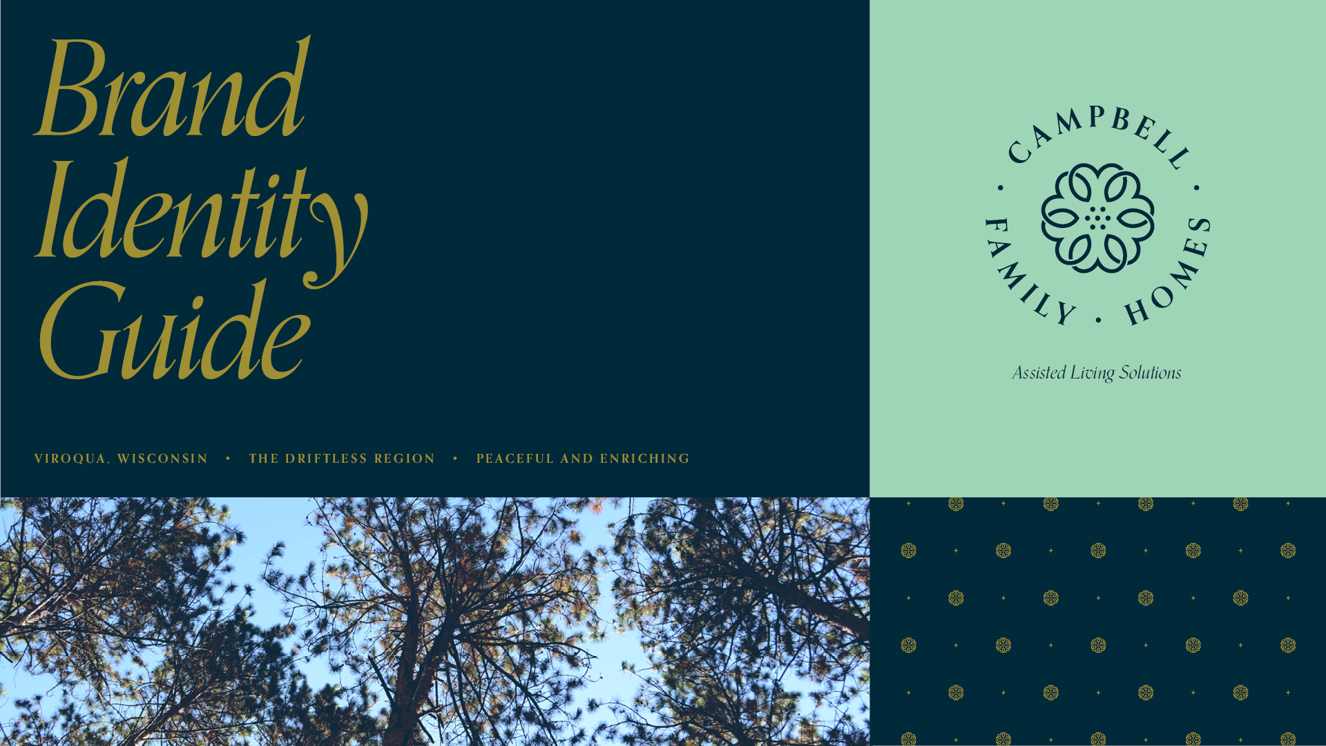 Cover for the brand identity guide for Campbell Family Homes featuring tree tops, the logo and navy, gold and mint colors.