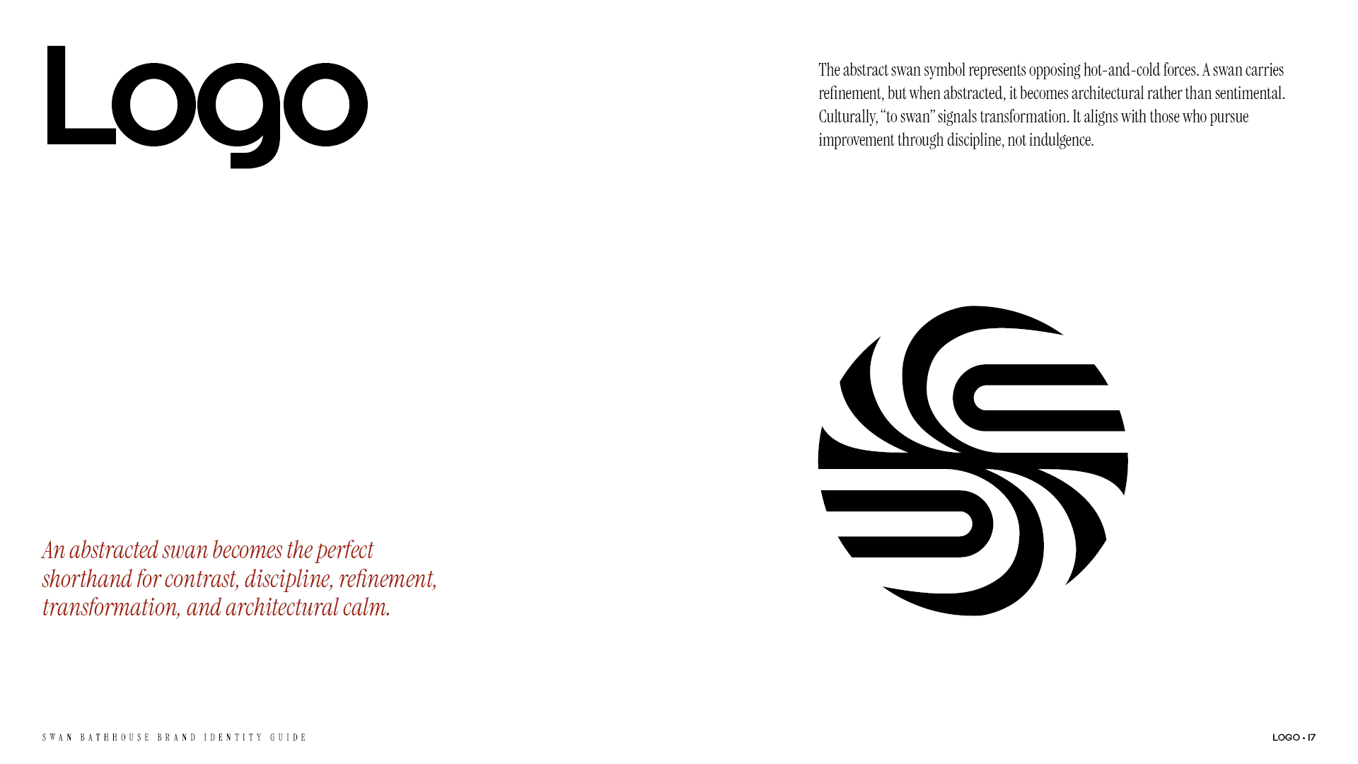 Logo page from the Swan Bathhouse brand identity guide with the description about the symbolism of the logo.