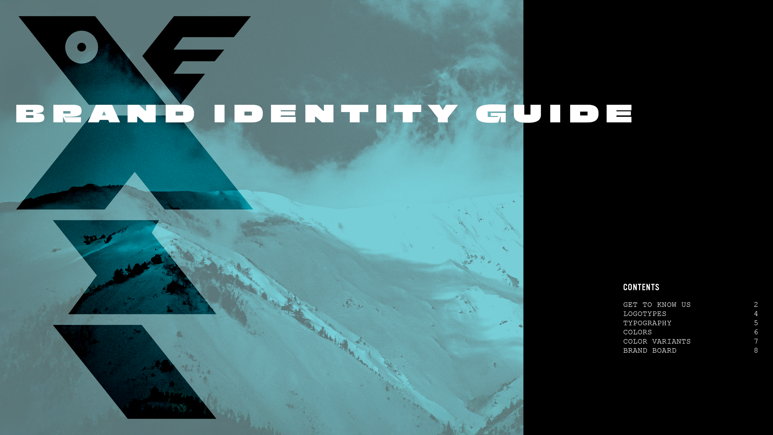 Cover design for the VASI brand identity guide, featuring the vertical logo, a mountain background, and a table of contents.