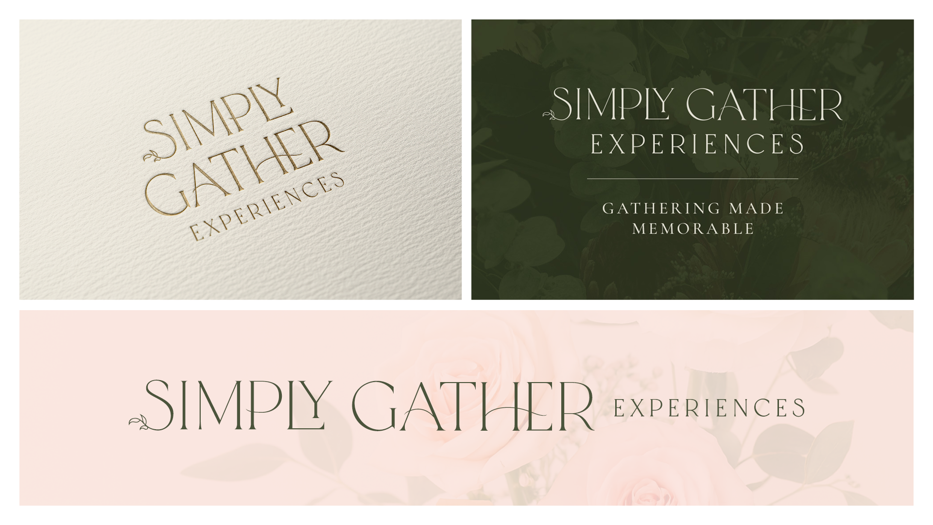 Three logo treatments for Simply Gather Experiences including a debossed foil‑stamped print, lockup version 3 on a dark green floral close‑up texture, and the horizontal logo on a soft pink floral close‑up texture.