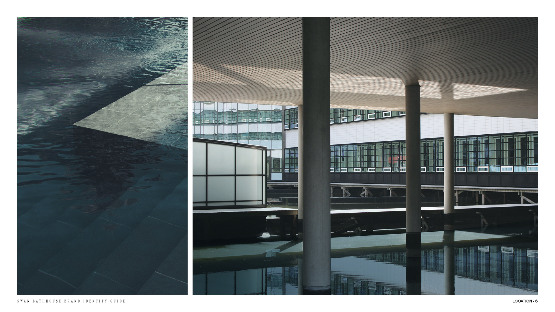 Location page from the Swan Bathhouse brand identity guide with a closeup of a water feature from different angles.