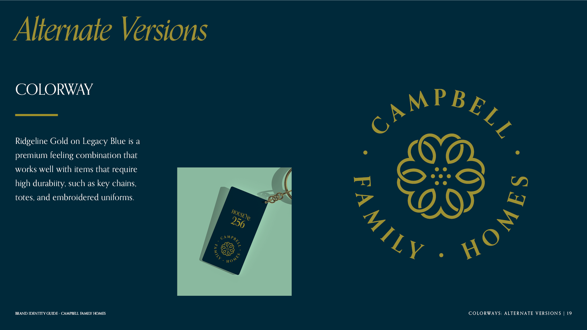 Alternate Colorway page for the brand identity guide for Campbell Family Homes featuring the logo as gold on navy.