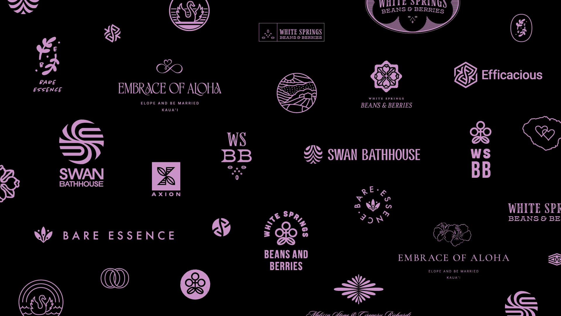 Collage of custom brand logo designs in light purple on a black background.