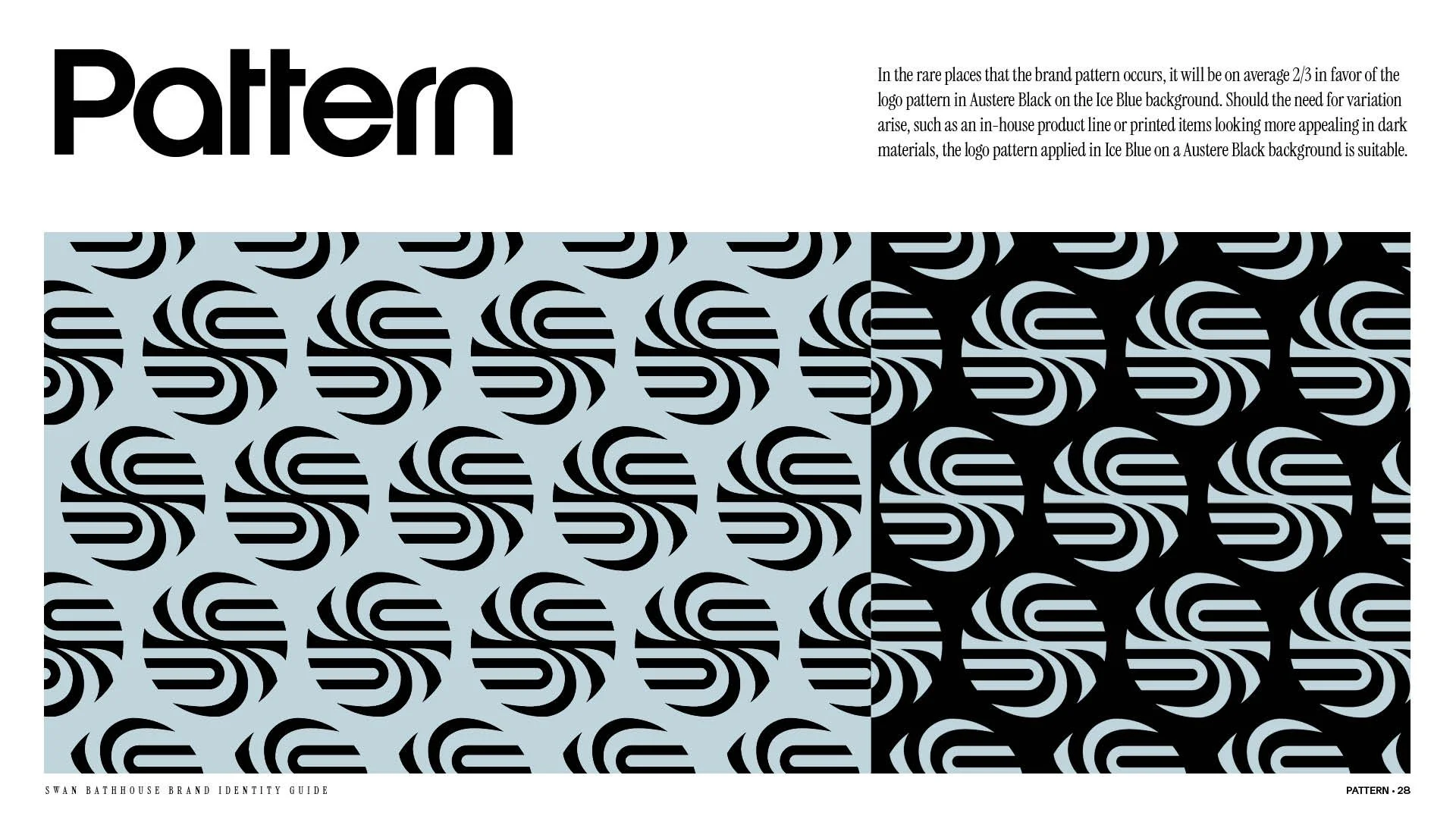 Pattern page from the Swan Bathhouse brand identity guide displaying the allowable pattern and colorways.
