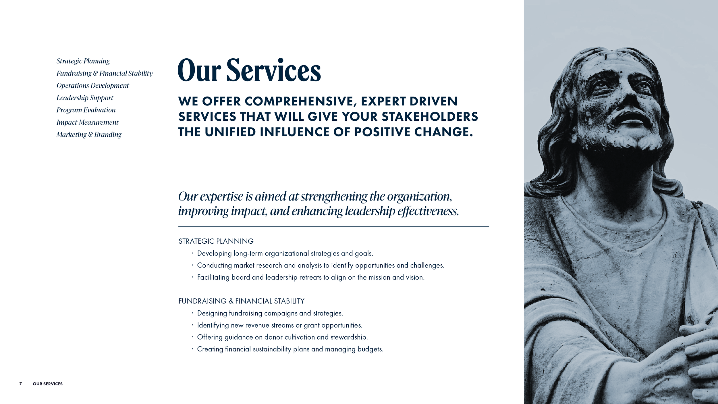Services page from the Chad Chambers Consulting brand identity guide, shown in a clean minimalist layout with a monochromatic blue photo of a Jesus statue.