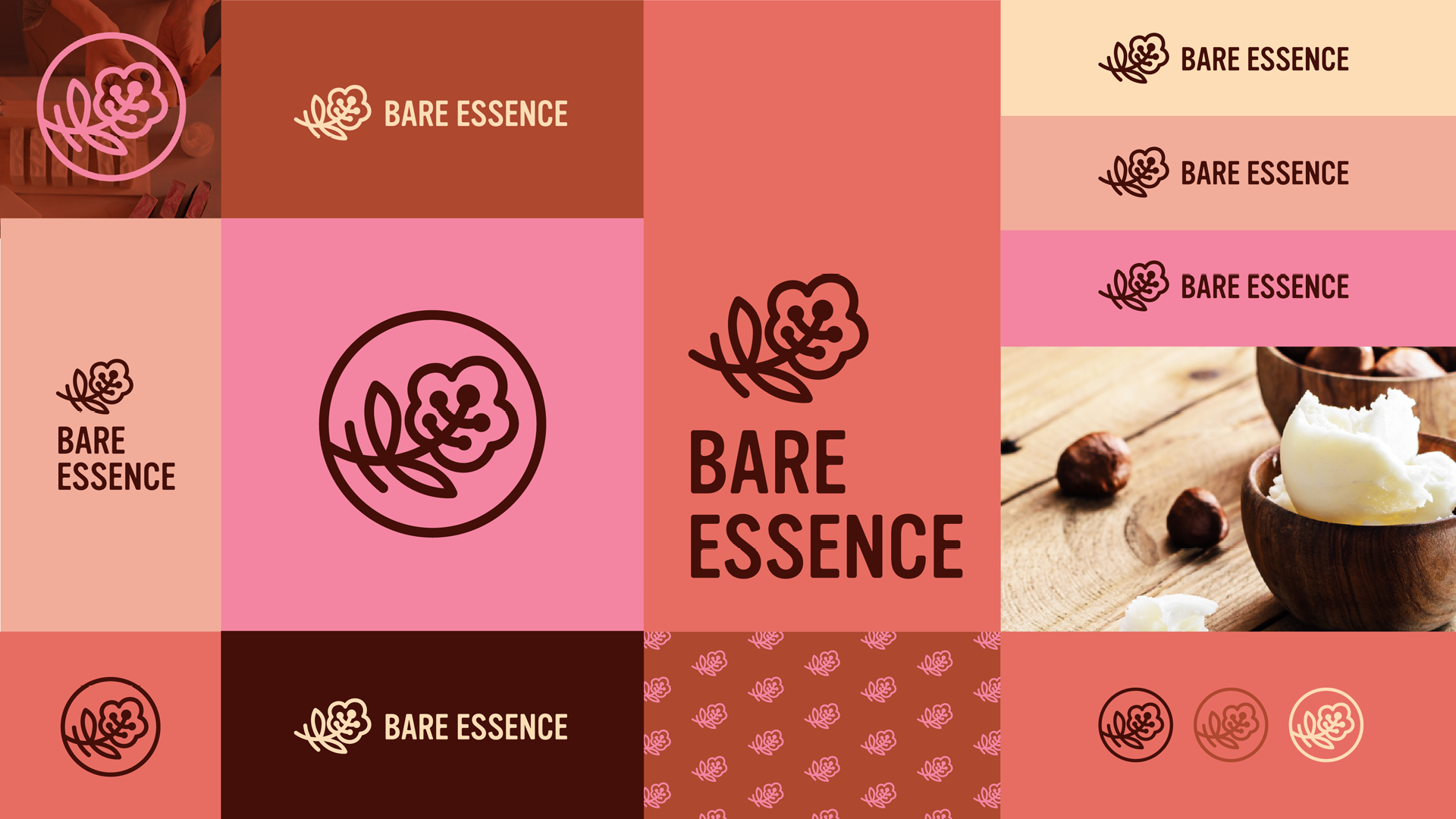 Brand identity board for Bare Essence featuring warm color swatches, logo variations, and contextual images that express the brand’s visual style.