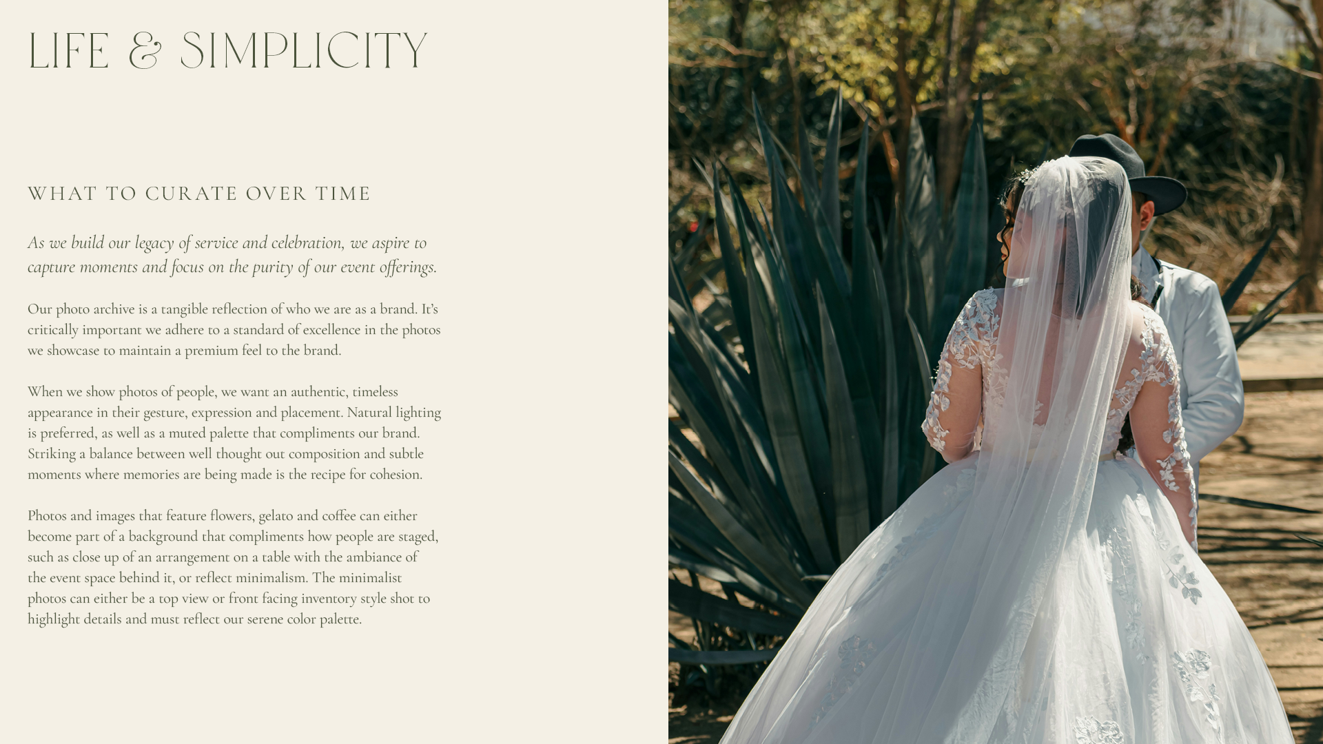 Photography style page from the Simply Gather Experiences brand identity guide featuring a written overview of recommended photo styles and a bridal example reflecting candid, natural posing.