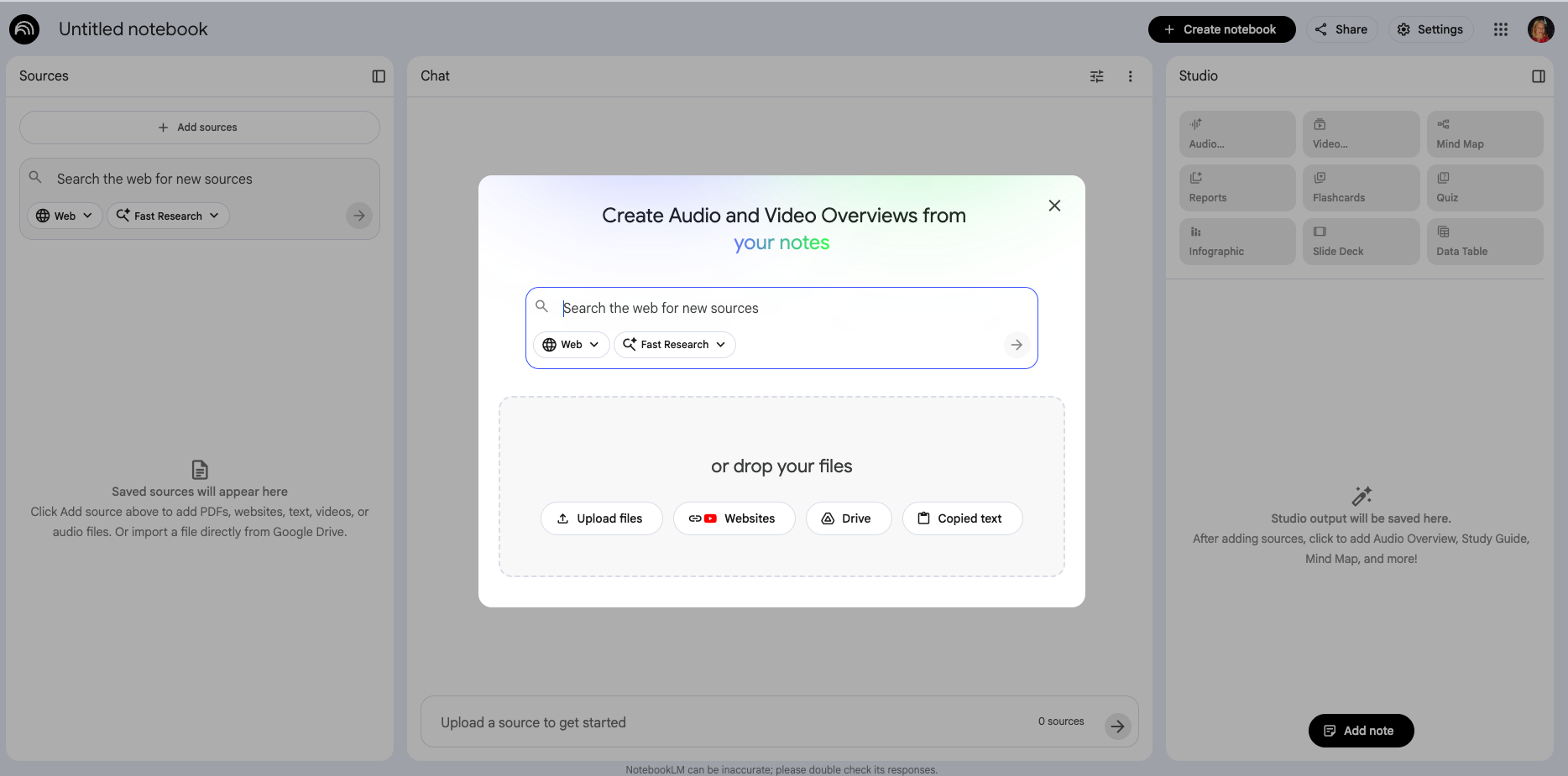A blank NotebookLM notebook
