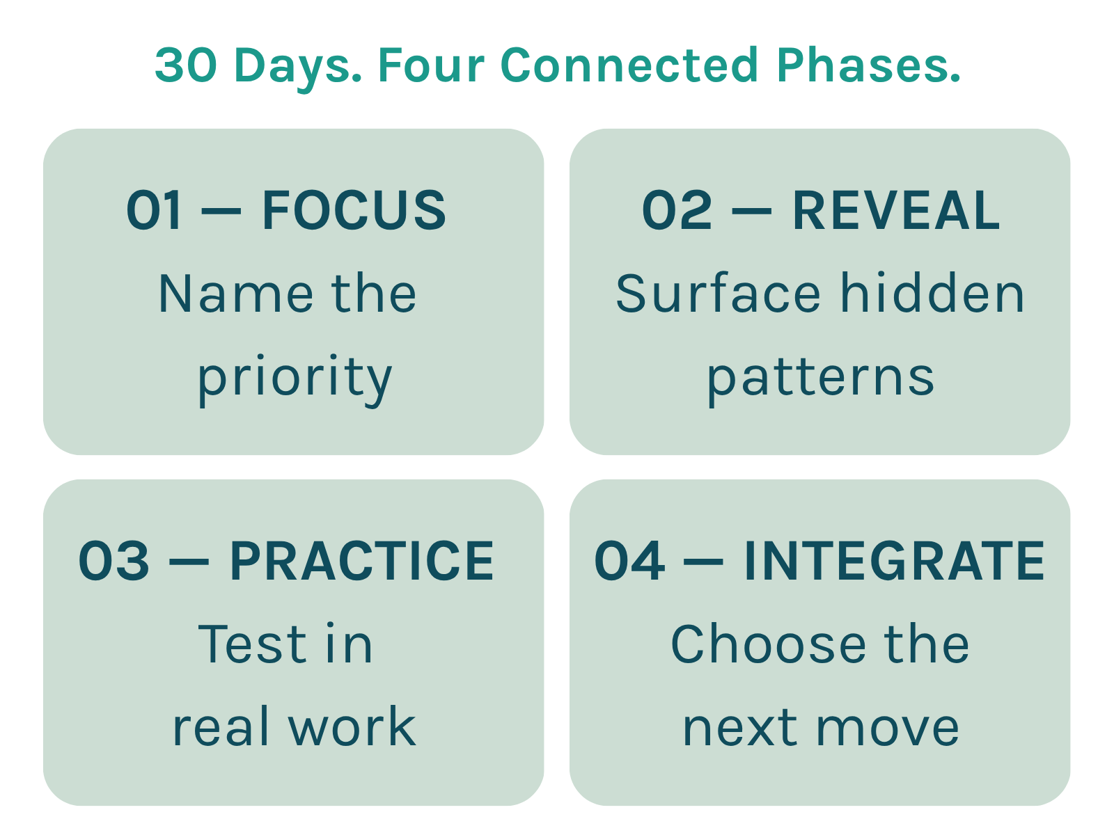The four connected phases of Leading in the Open: Focus, Reveal, Practice, and Integrate.