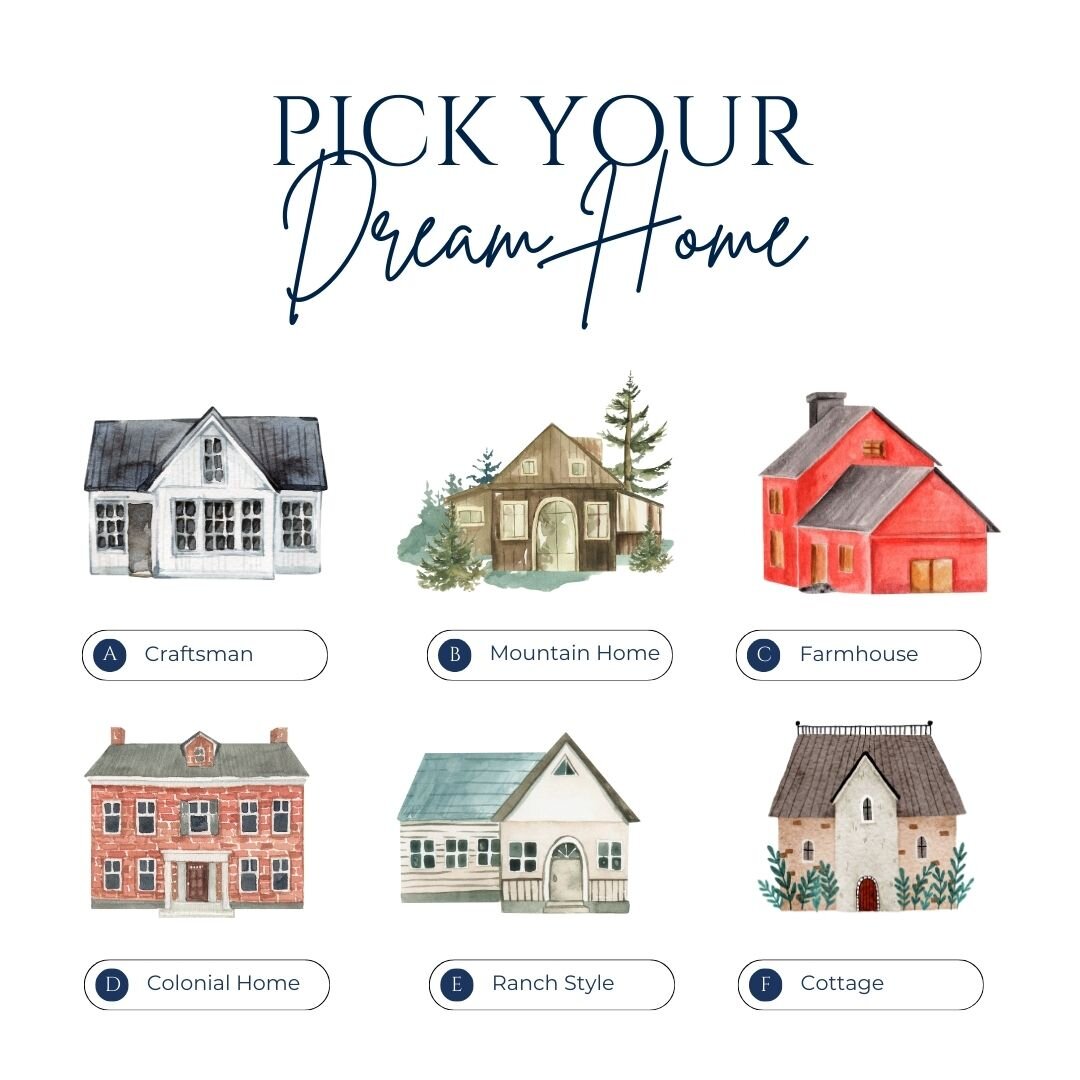 Who's ready for some fun this Tuesday? If you had to choose from just one of these styles of homes, which would be your dream home?

A. Craftsman
B. Mountain Home
C. Farmhouse
D. Colonial Home
E. Ranch Style
F. Cottage

What's your choice? Comment be