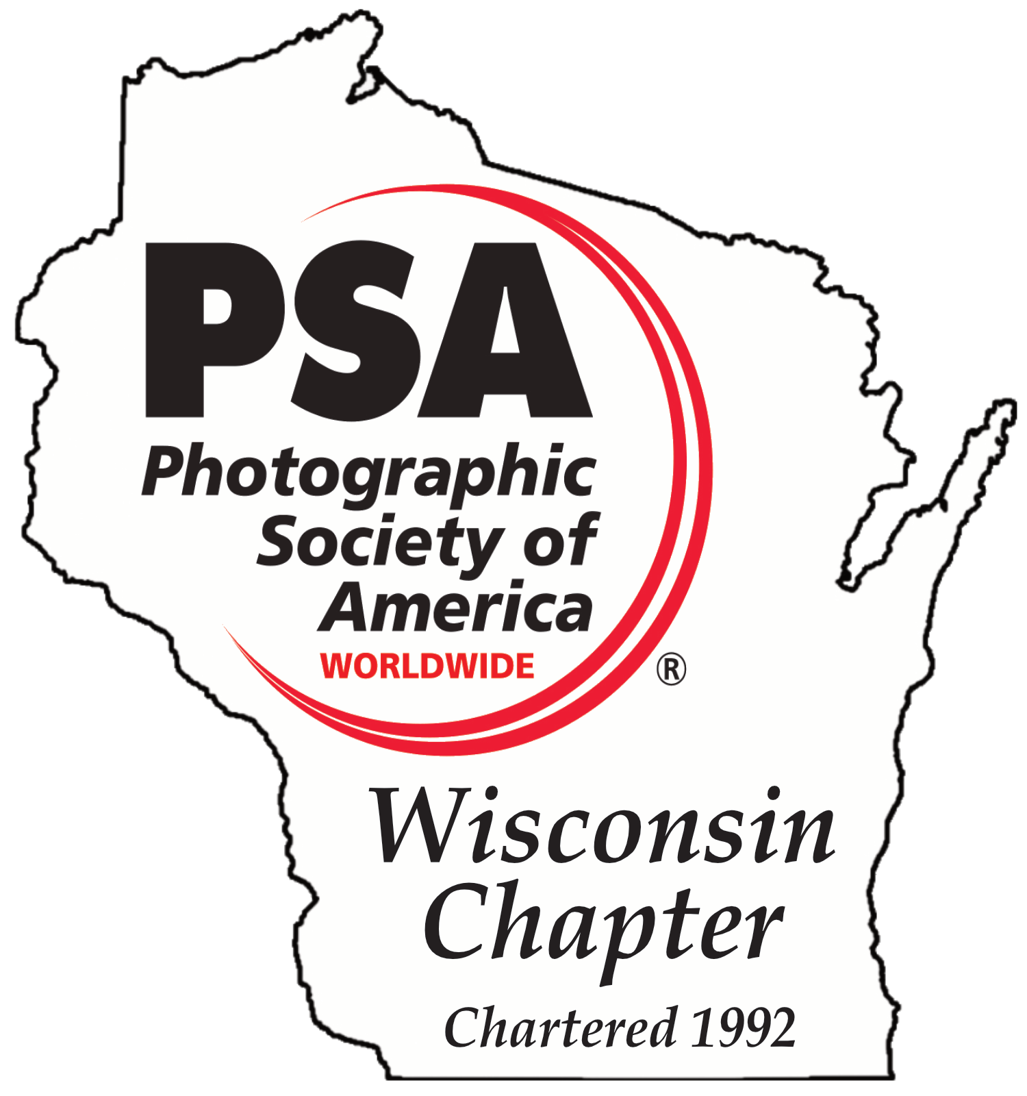 Logo of PSA Photographic Society of America with Wisconsin Chapter text on Wisconsin map outline