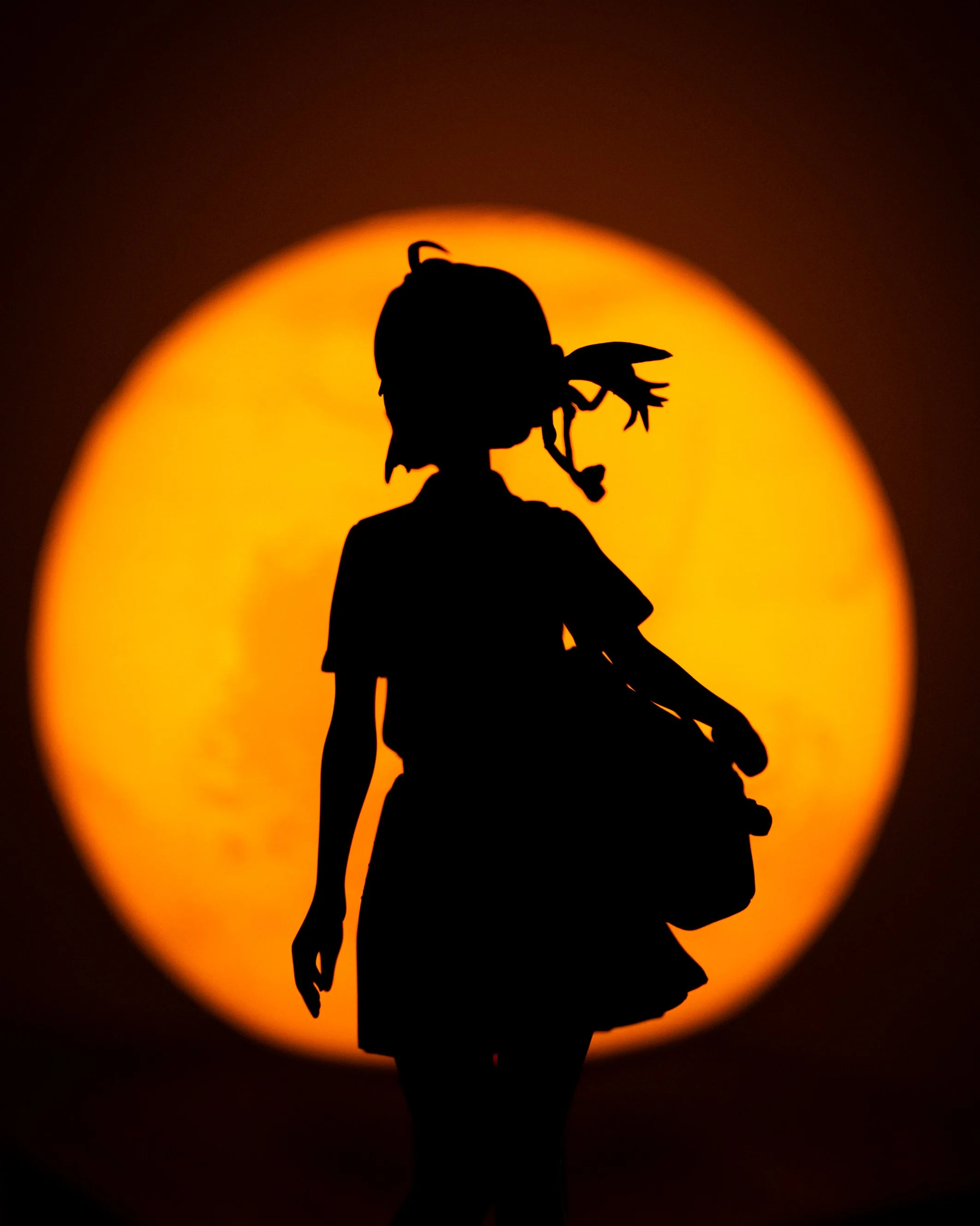 A silhouetted anime-style figure stands in front of a glowing orange circular backdrop resembling a moon or planet. The character’s outline shows a side ponytail and a shoulder bag, with the bright circular light creating strong contrast against the 